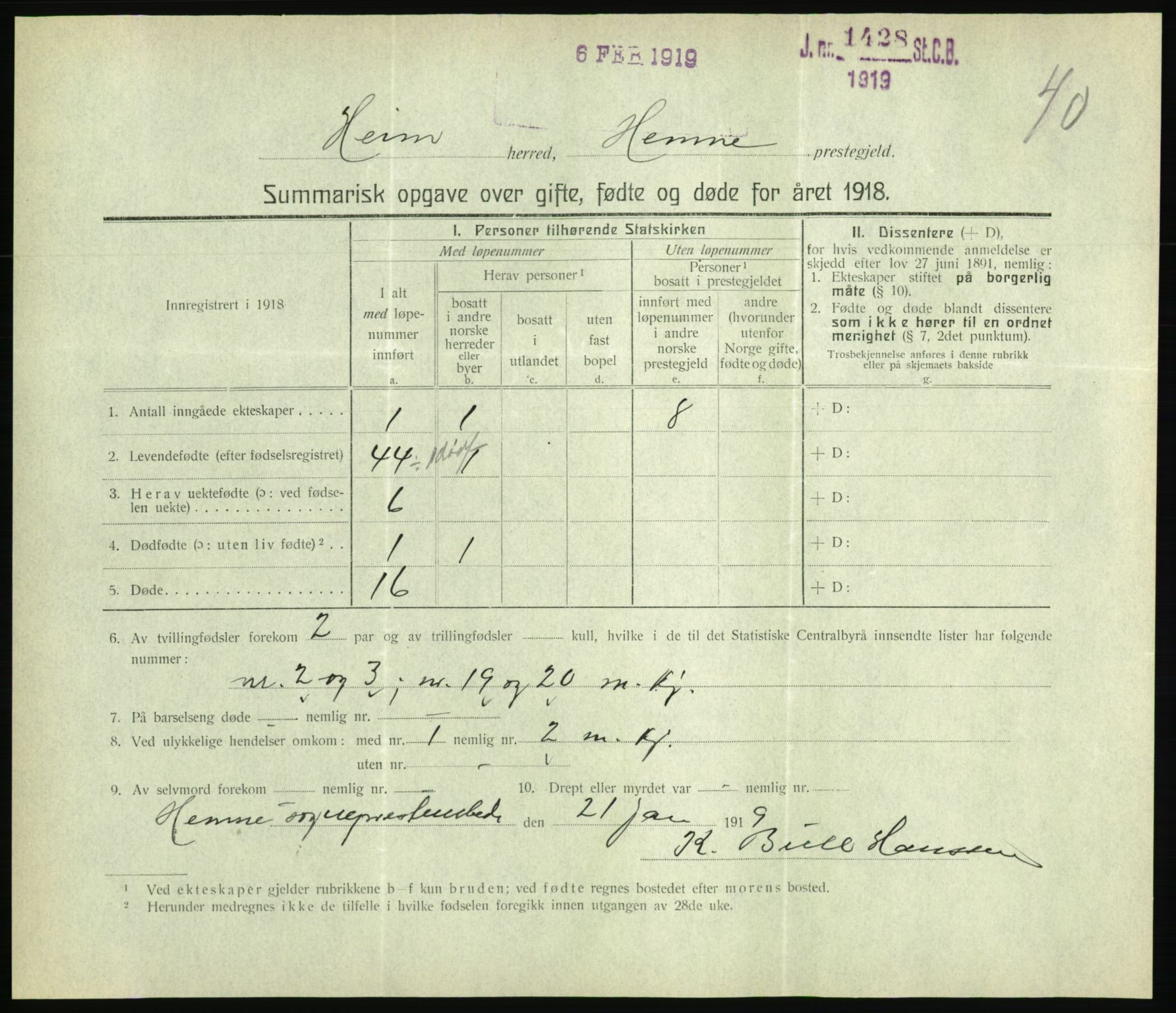 Statistisk sentralbyrå, Sosiodemografiske emner, Befolkning, RA/S-2228/D/Df/Dfb/Dfbh/L0059: Summariske oppgaver over gifte, fødte og døde for hele landet., 1918, p. 1275