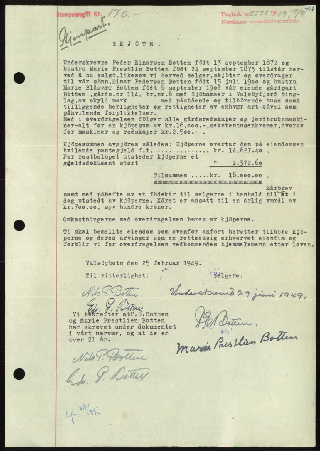 Nordmøre sorenskriveri, AV/SAT-A-4132/1/2/2Ca: Mortgage book no. A112, 1949-1949, Diary no: : 2538/1949