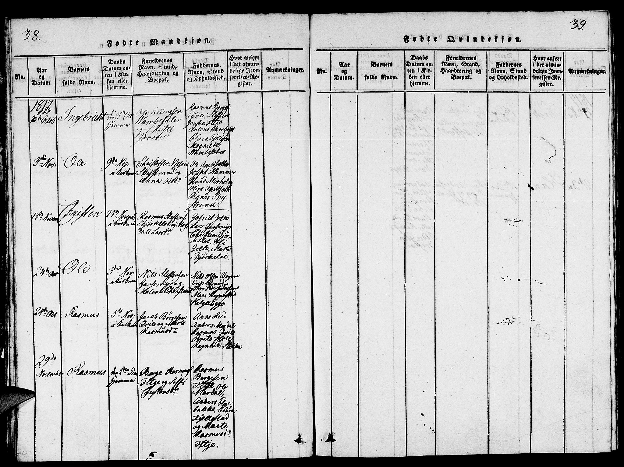 Gloppen sokneprestembete, SAB/A-80101/H/Hab/Haba/L0001: Parish register (copy) no. A 1, 1816-1827, p. 38-39