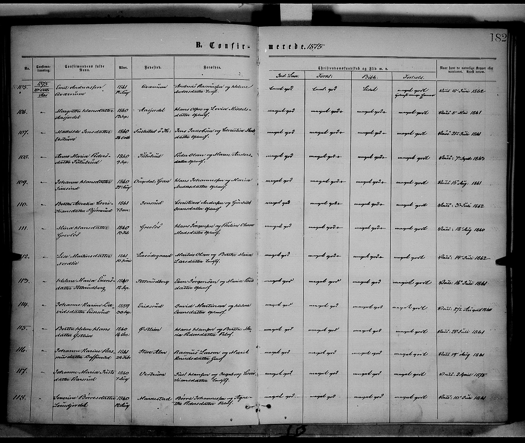 Vestre Toten prestekontor, AV/SAH-PREST-108/H/Ha/Haa/L0008: Parish register (official) no. 8, 1870-1877, p. 182