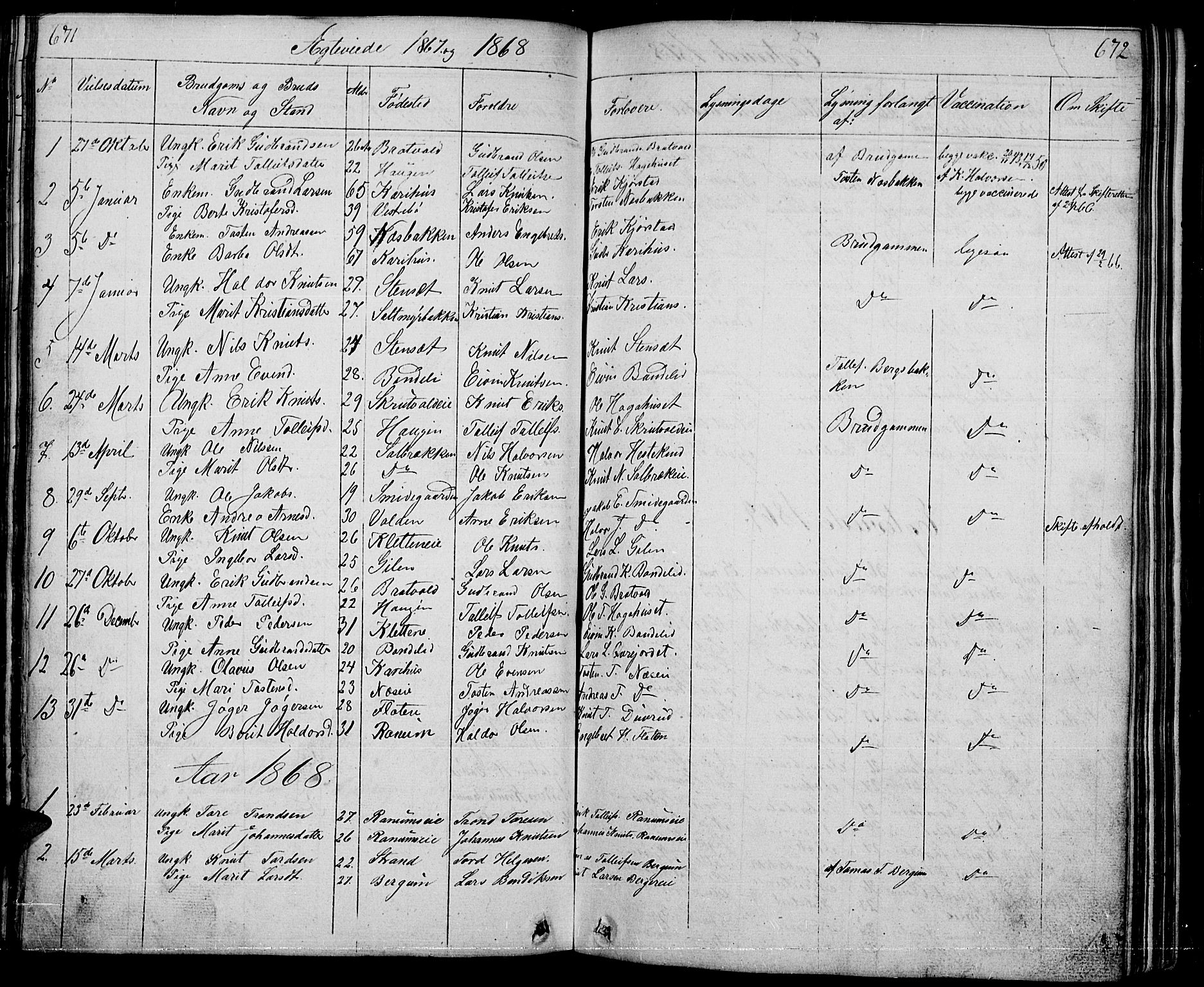 Nord-Aurdal prestekontor, AV/SAH-PREST-132/H/Ha/Hab/L0001: Parish register (copy) no. 1, 1834-1887, p. 671-672
