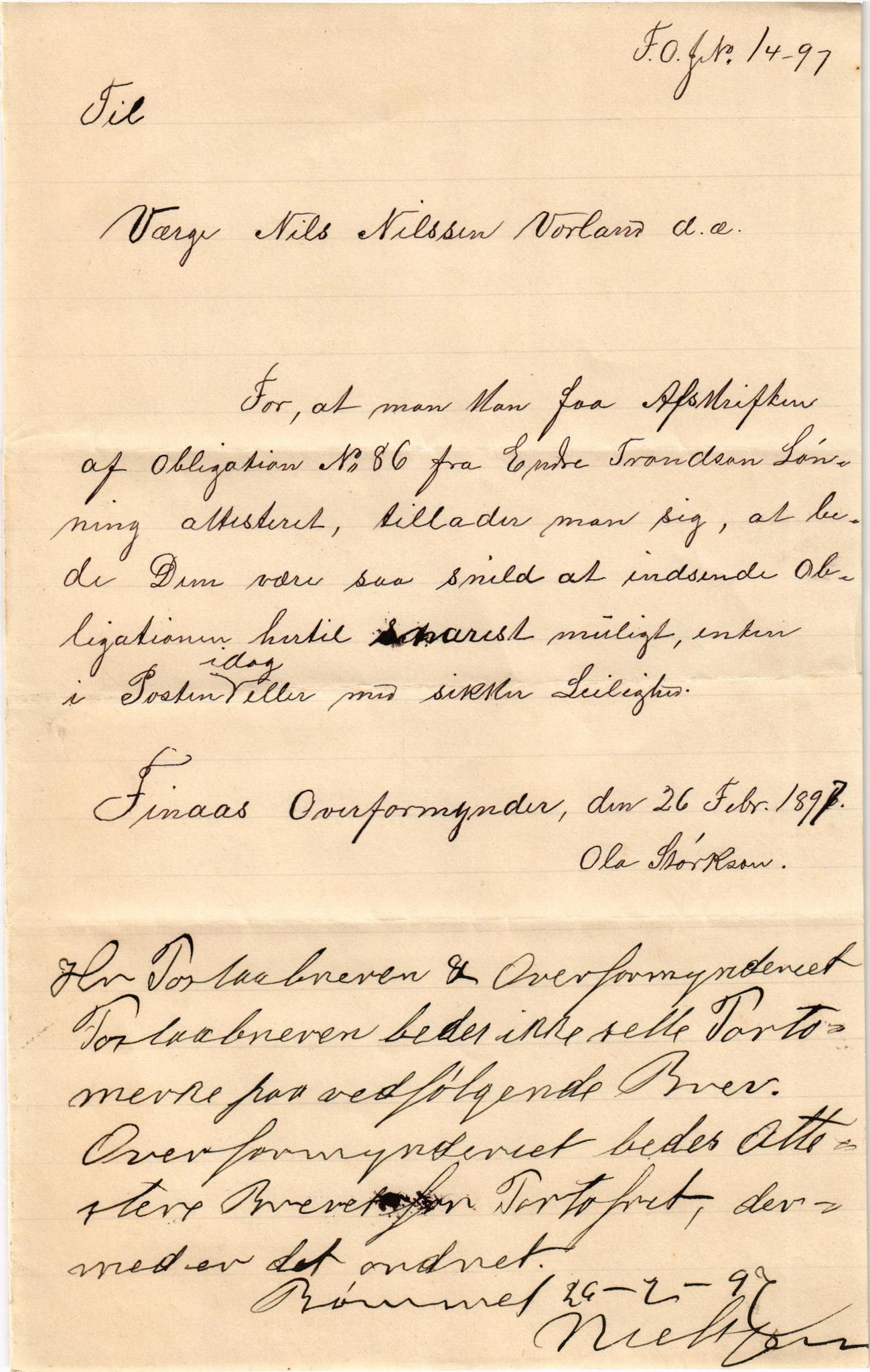 Finnaas kommune. Overformynderiet, IKAH/1218a-812/D/Da/Daa/L0002/0001: Kronologisk ordna korrespondanse / Kronologisk ordna korrespondanse, 1896-1900, p. 42