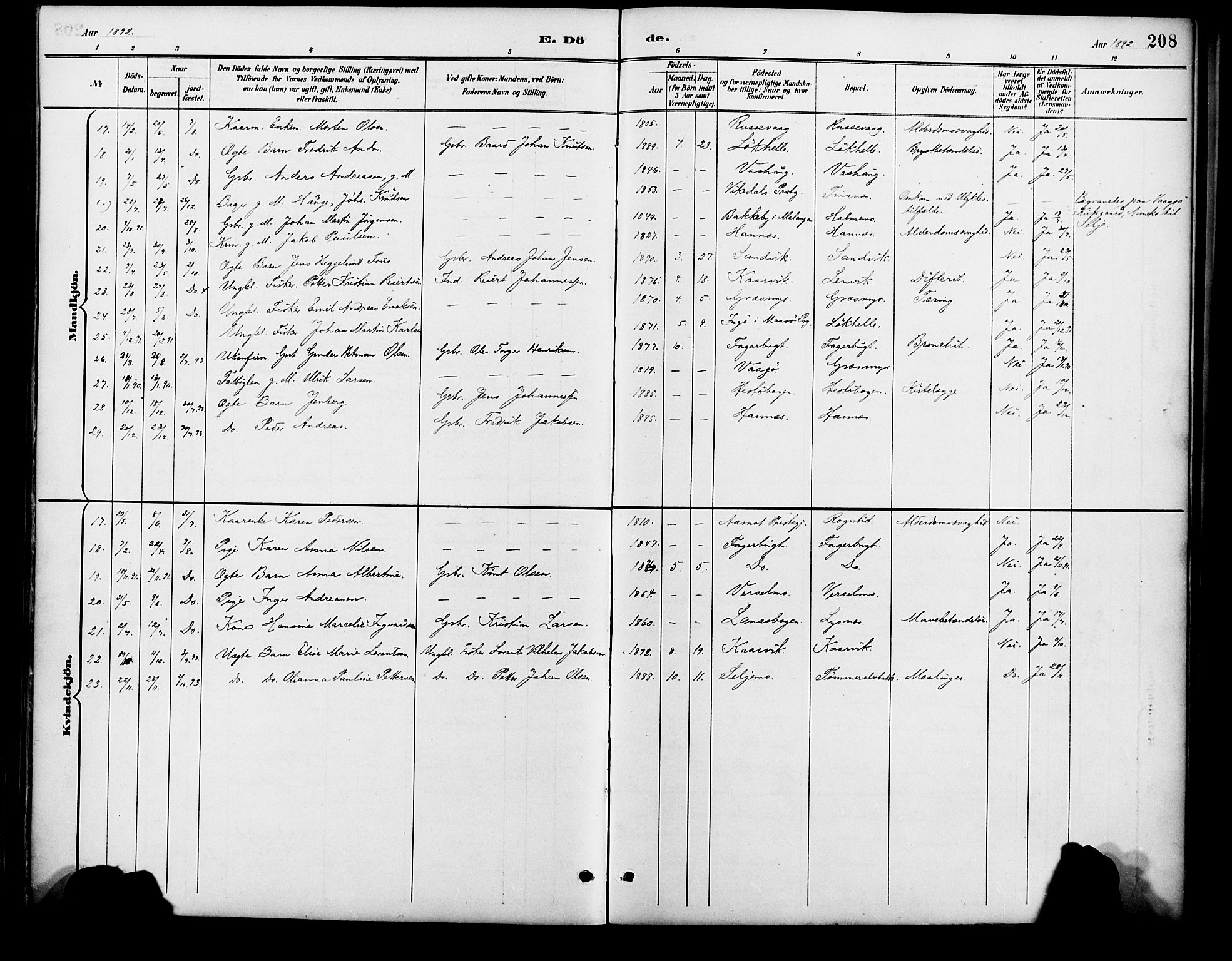 Lenvik sokneprestembete, SATØ/S-1310/H/Ha/Haa/L0013kirke: Parish register (official) no. 13, 1890-1898, p. 208
