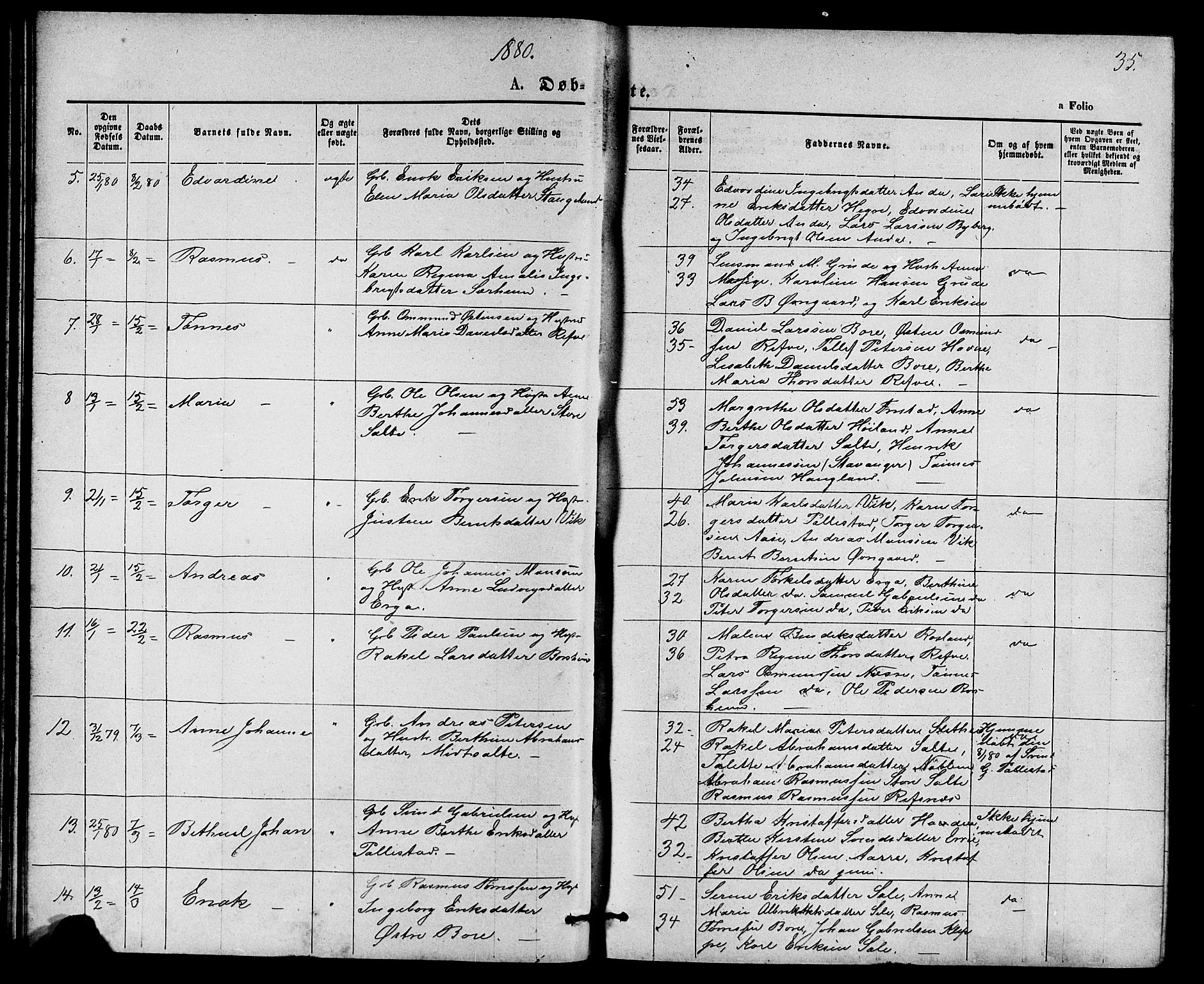 Klepp sokneprestkontor, AV/SAST-A-101803/001/3/30BB/L0003: Parish register (copy) no. B 3, 1876-1888, p. 35