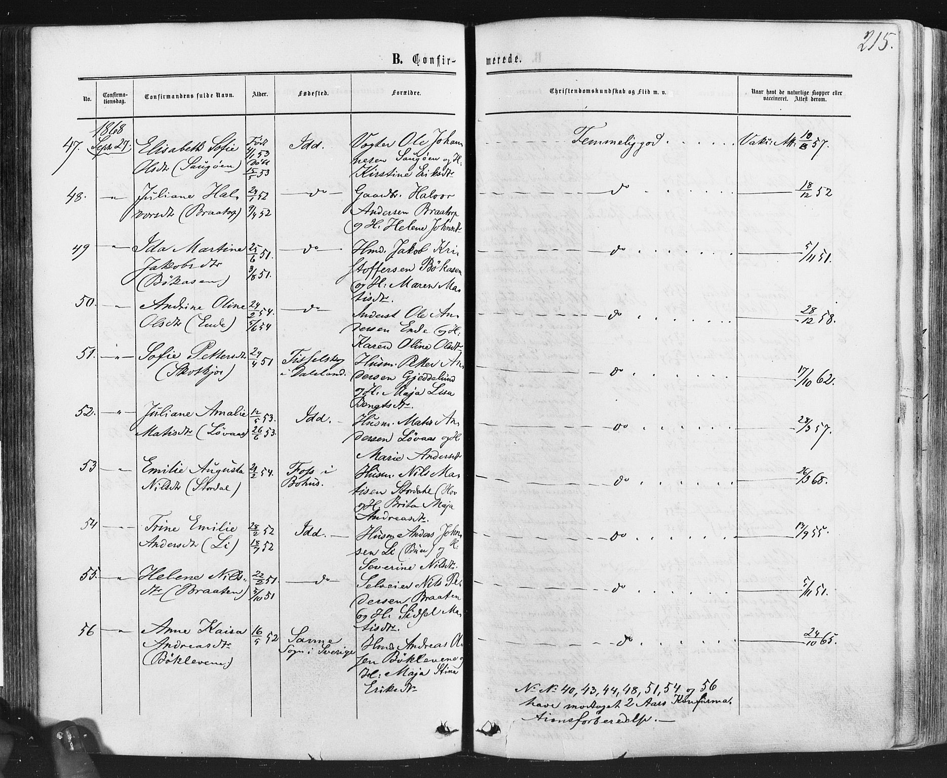 Idd prestekontor Kirkebøker, AV/SAO-A-10911/F/Fc/L0005: Parish register (official) no. III 5, 1861-1877, p. 215