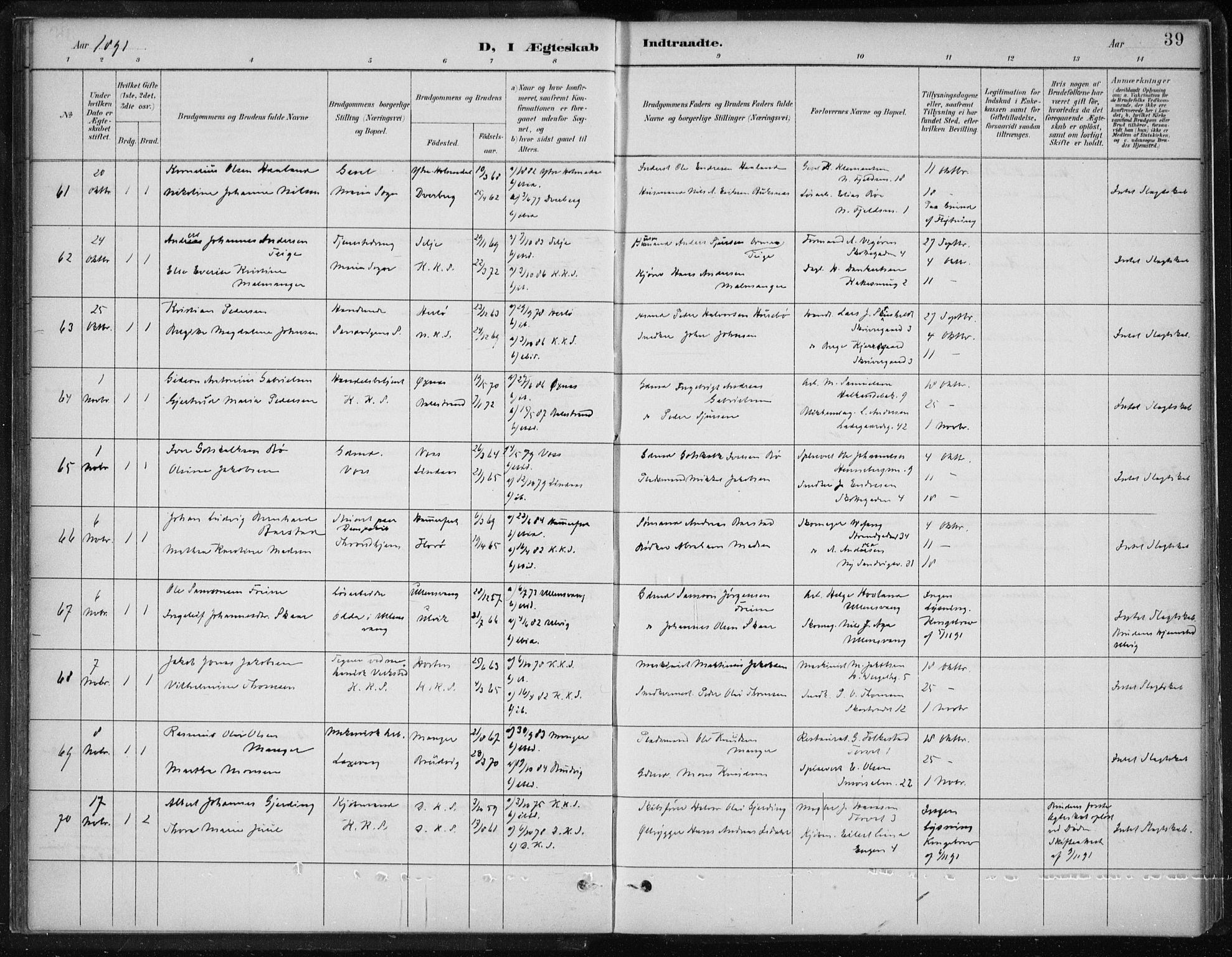 Korskirken sokneprestembete, AV/SAB-A-76101/H/Hab: Parish register (copy) no. D 3, 1887-1906, p. 39