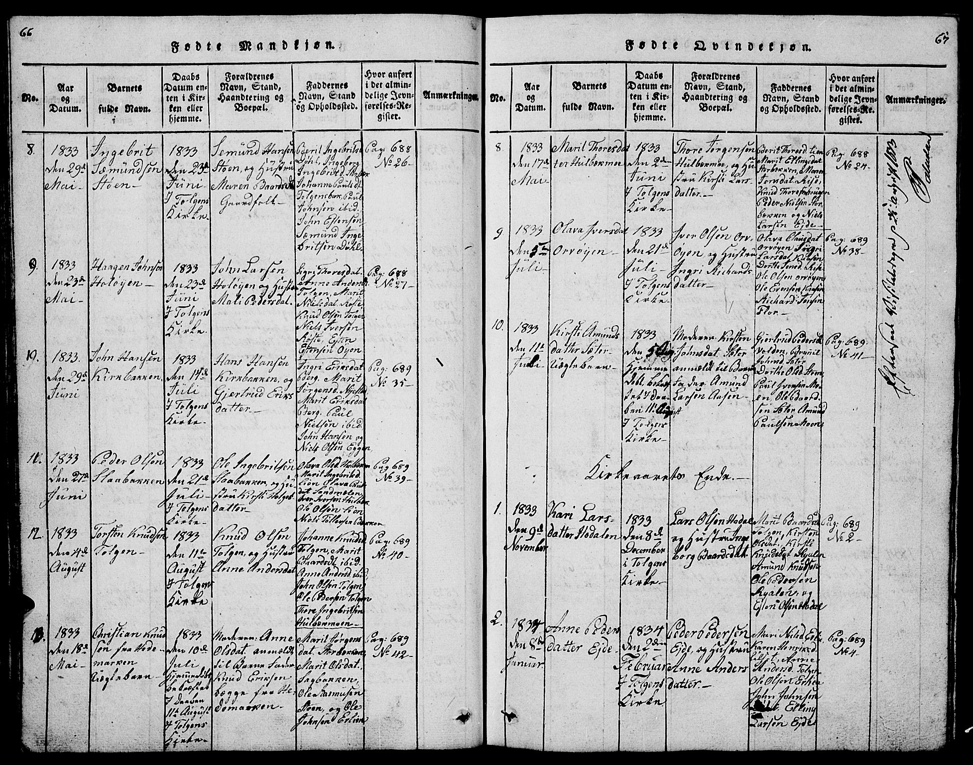 Tolga prestekontor, AV/SAH-PREST-062/L/L0001: Parish register (copy) no. 1, 1814-1877, p. 66-67