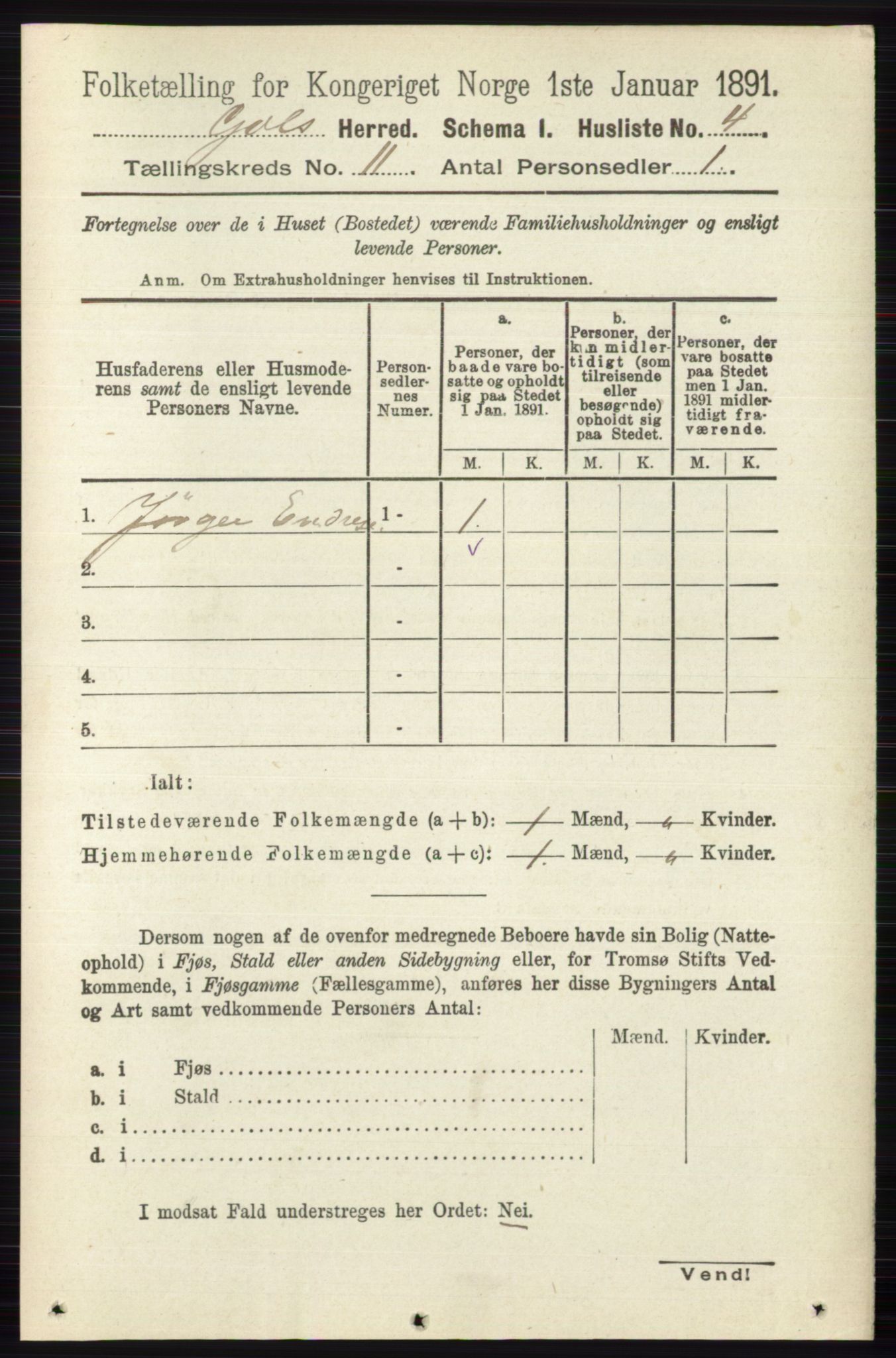 RA, 1891 census for 0617 Gol og Hemsedal, 1891, p. 4285