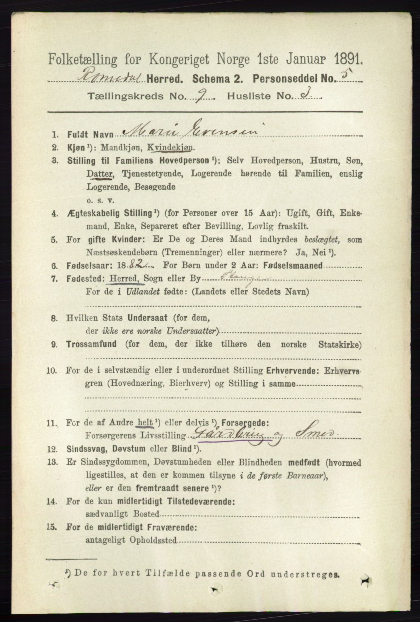 RA, 1891 census for 0416 Romedal, 1891, p. 4329