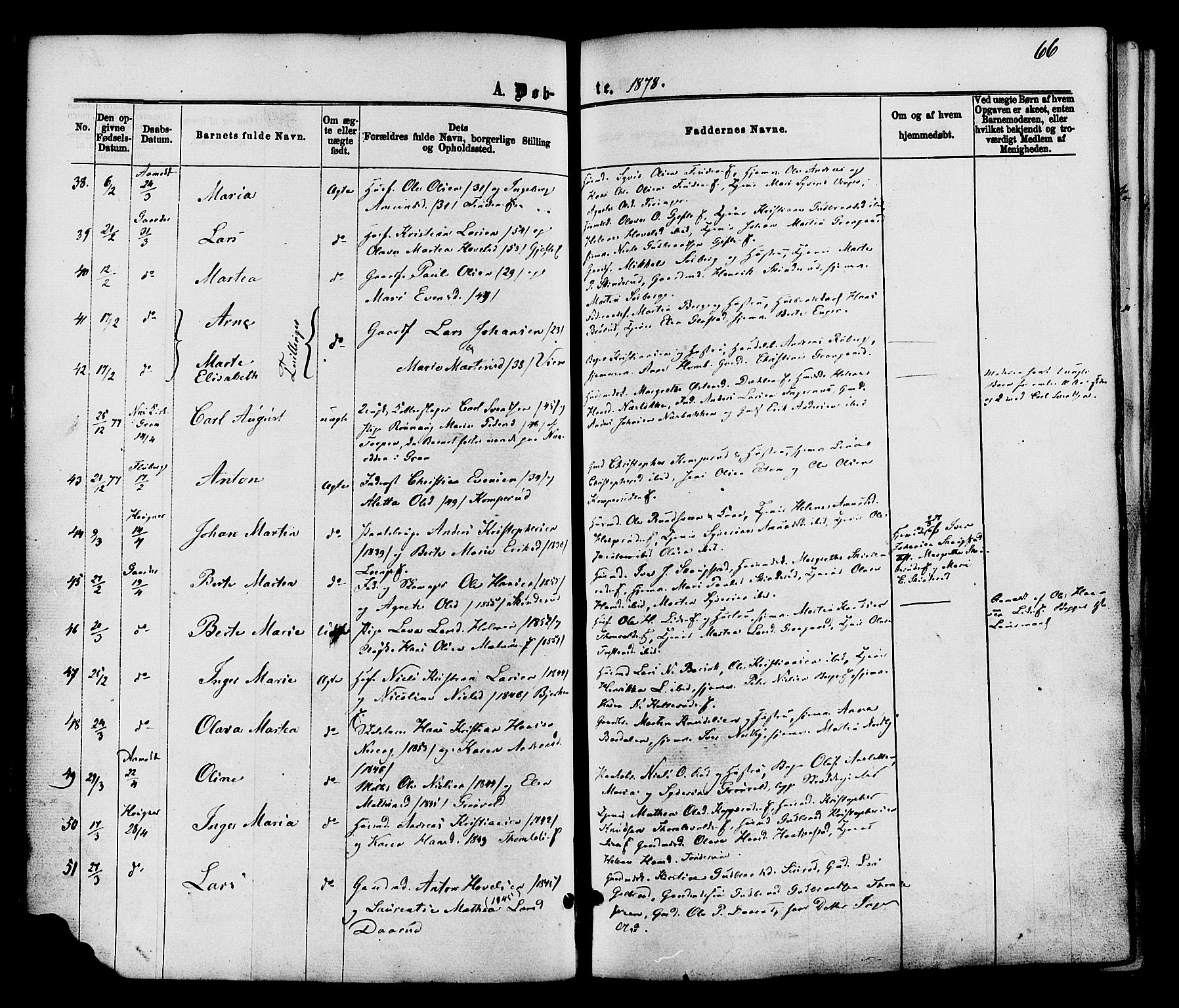 Nordre Land prestekontor, AV/SAH-PREST-124/H/Ha/Haa/L0002: Parish register (official) no. 2, 1872-1881, p. 66