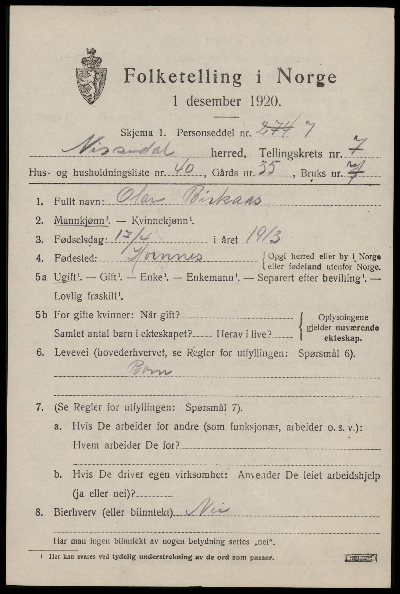 SAKO, 1920 census for Nissedal, 1920, p. 3019