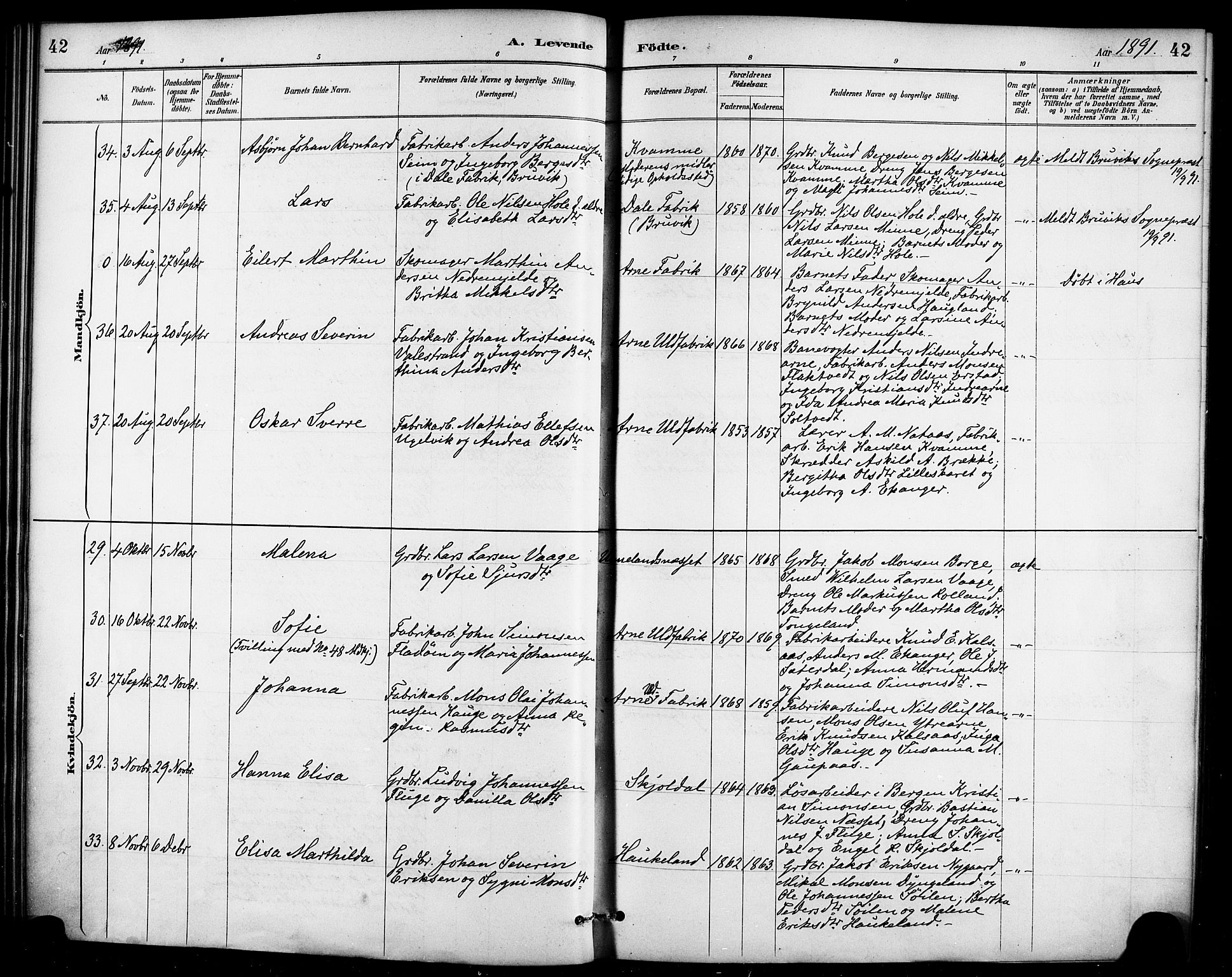 Haus sokneprestembete, AV/SAB-A-75601/H/Haa/Haad/L0001: Parish register (official) no. D 1, 1887-1898, p. 42