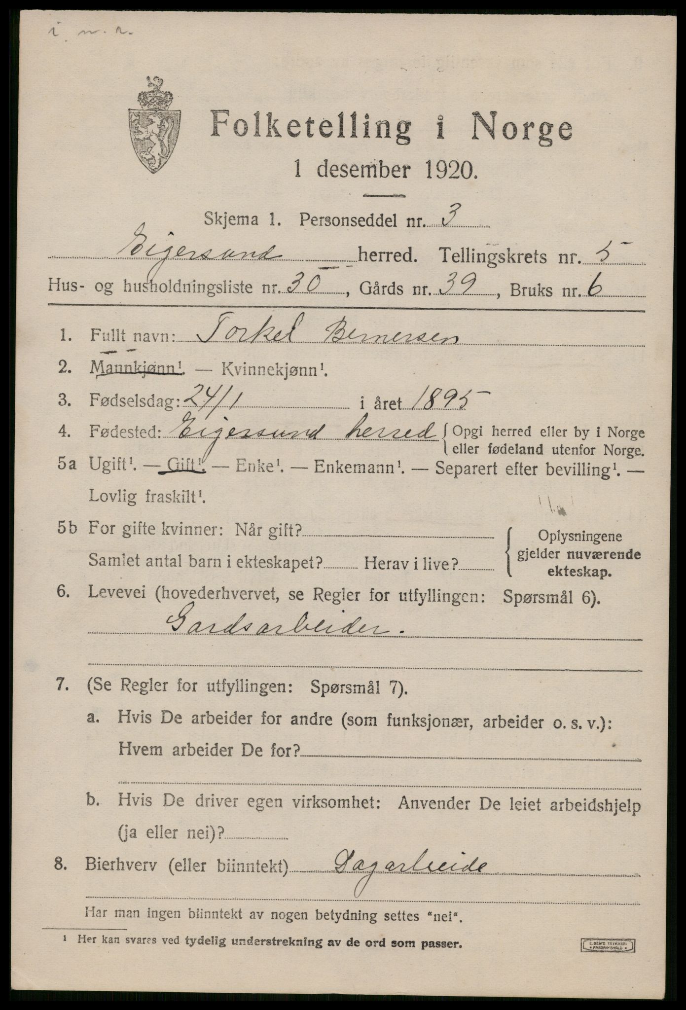 SAST, 1920 census for Eigersund, 1920, p. 3877