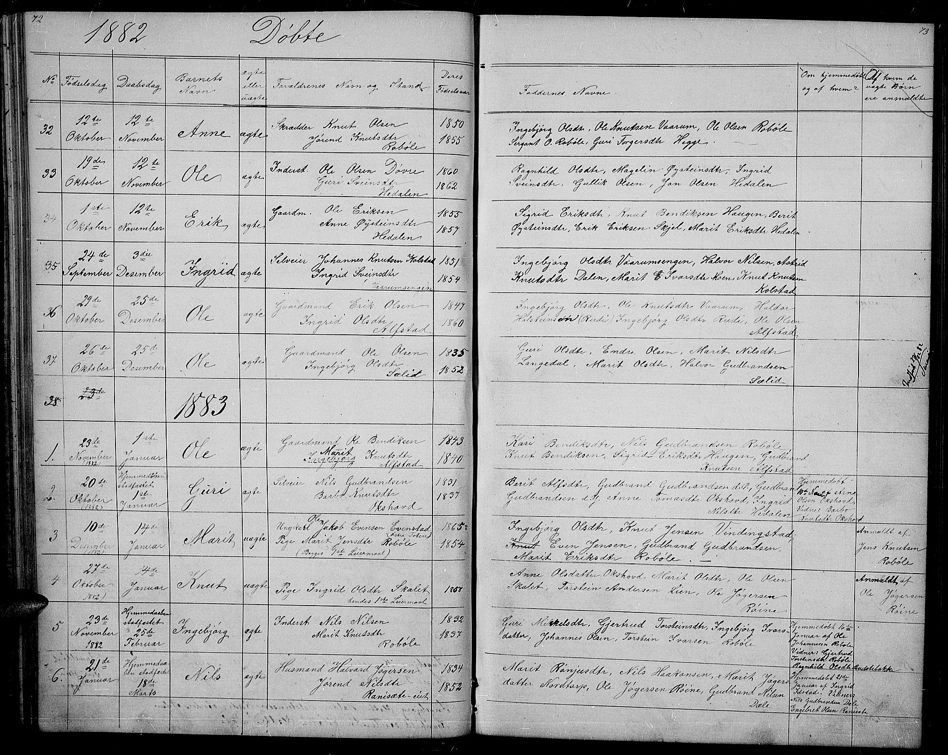 Øystre Slidre prestekontor, SAH/PREST-138/H/Ha/Hab/L0001: Parish register (copy) no. 1, 1866-1886, p. 72-73