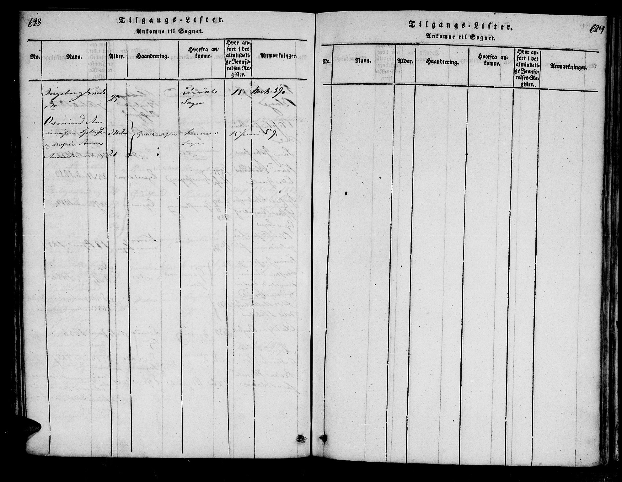 Bjelland sokneprestkontor, SAK/1111-0005/F/Fa/Fac/L0001: Parish register (official) no. A 1, 1815-1866, p. 628-629
