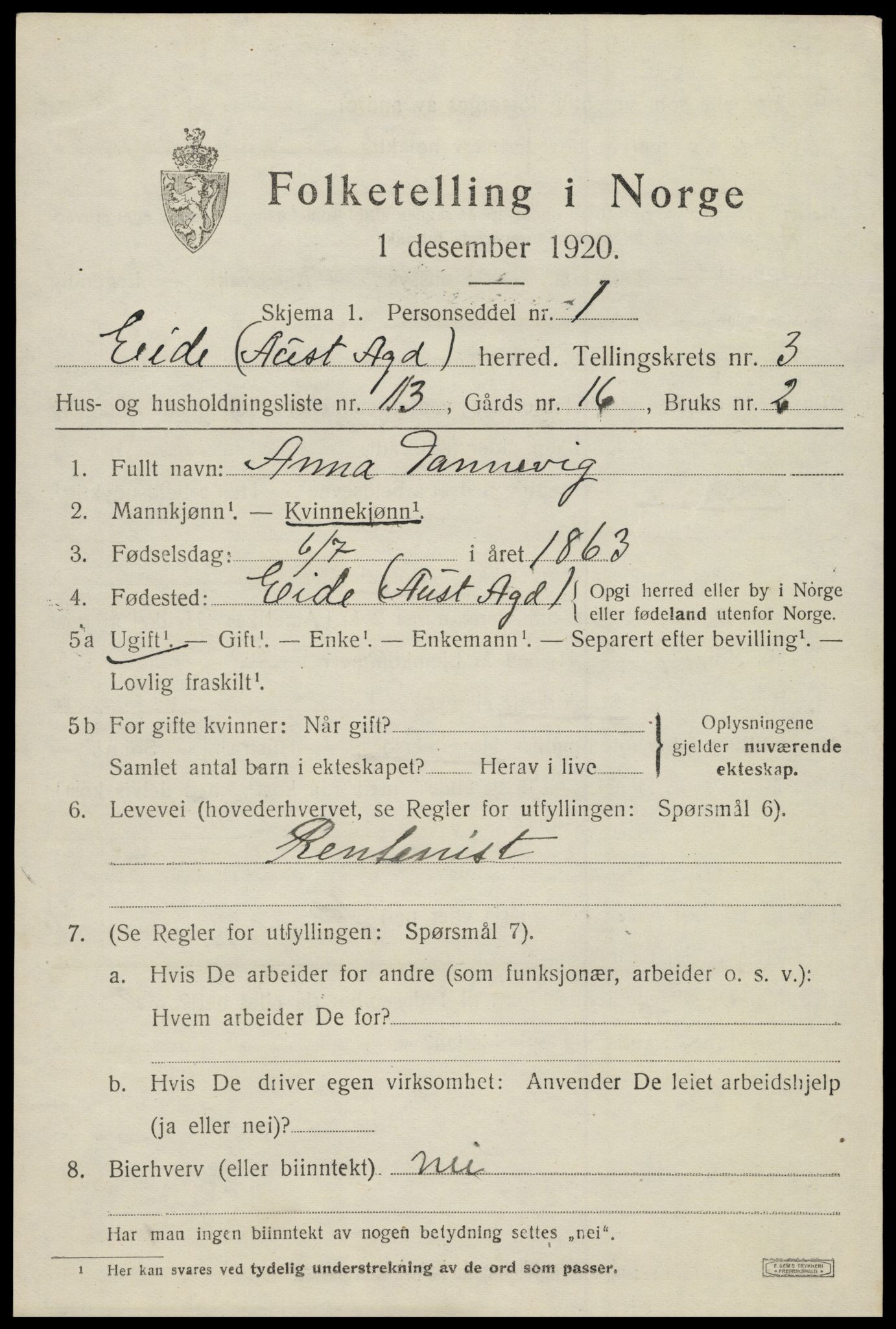 SAK, 1920 census for Eide, 1920, p. 1036