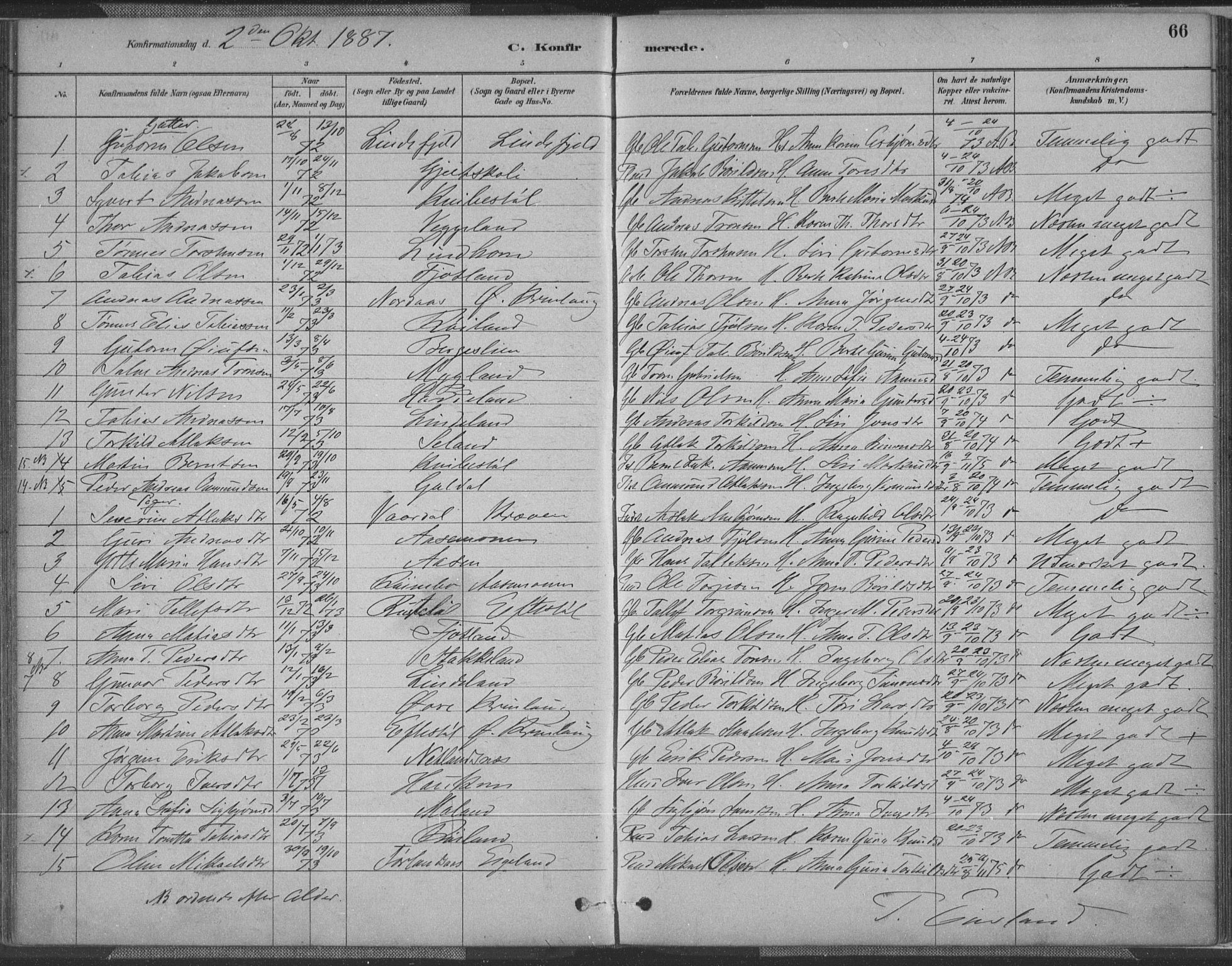 Fjotland sokneprestkontor, AV/SAK-1111-0010/F/Fa/L0002: Parish register (official) no. A 2, 1880-1898, p. 66