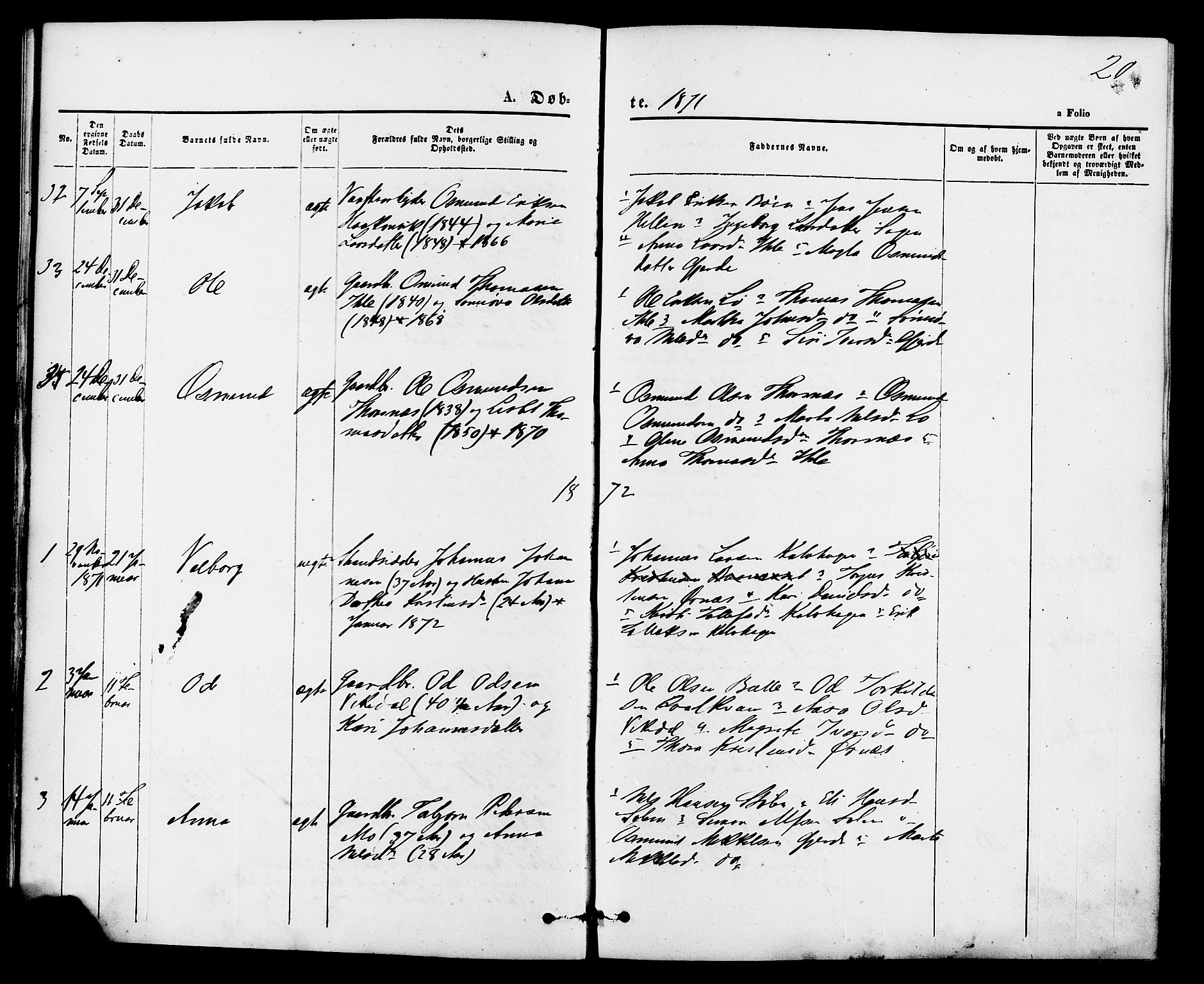 Vikedal sokneprestkontor, SAST/A-101840/01/IV: Parish register (official) no. A 7, 1868-1883, p. 20
