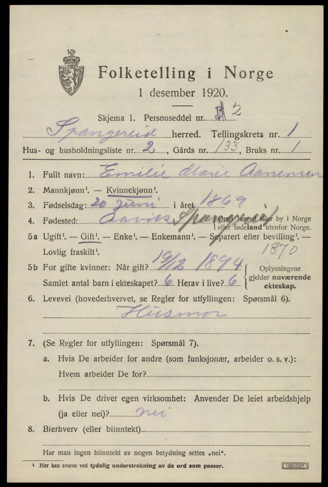 SAK, 1920 census for Spangereid, 1920, p. 837