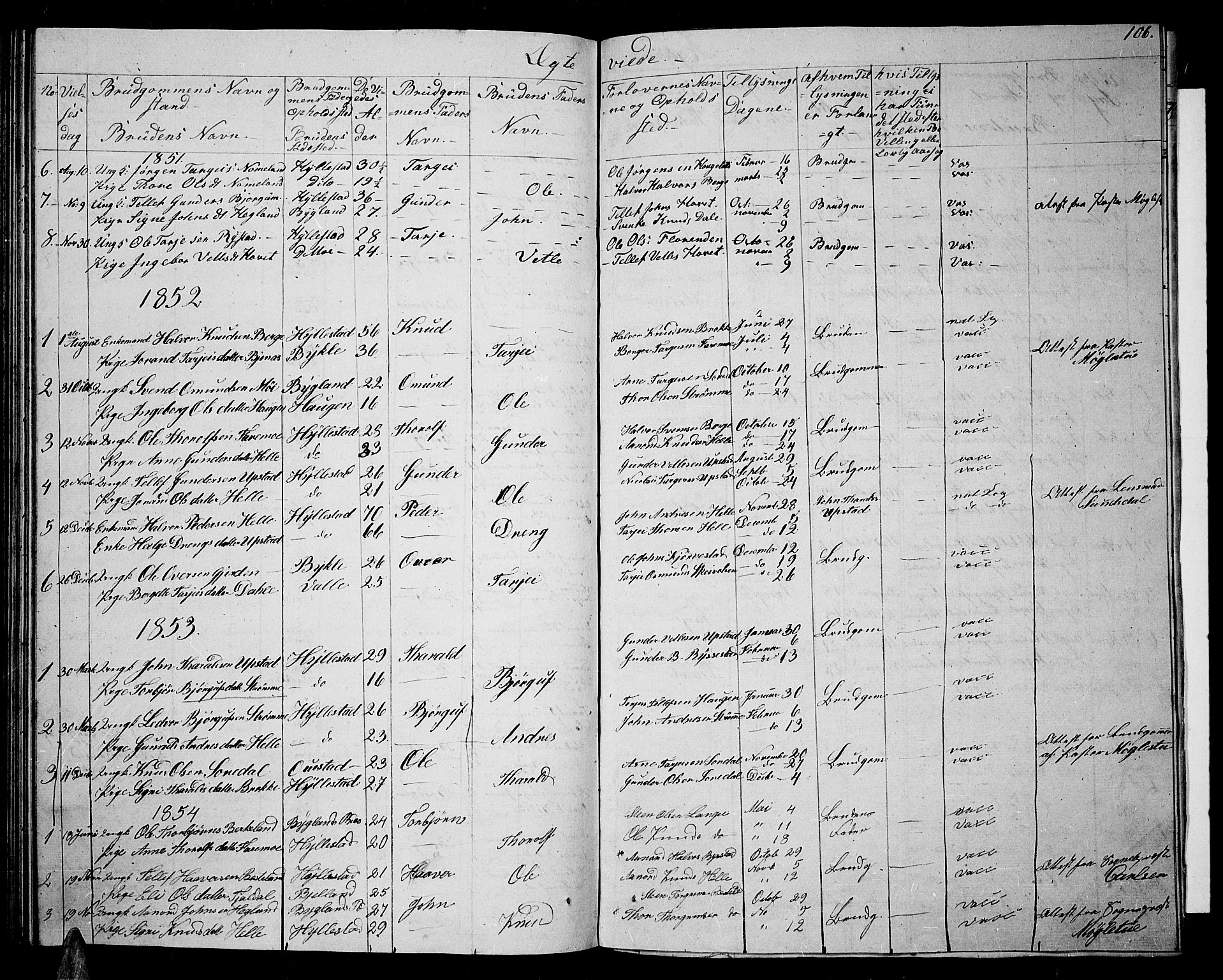 Valle sokneprestkontor, AV/SAK-1111-0044/F/Fb/Fbb/L0001: Parish register (copy) no. B 1, 1848-1875, p. 106