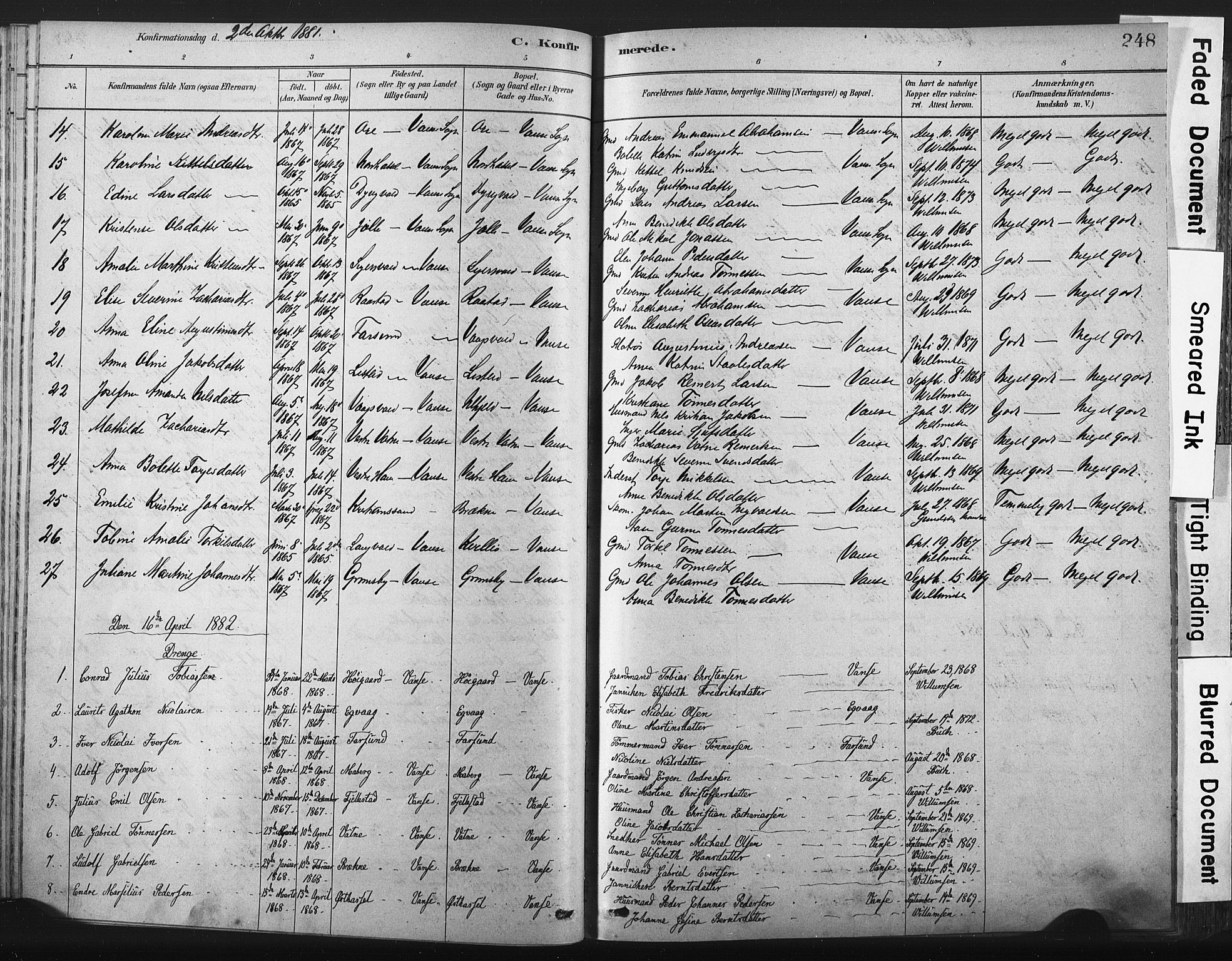 Lista sokneprestkontor, AV/SAK-1111-0027/F/Fa/L0012: Parish register (official) no. A 12, 1879-1903, p. 248