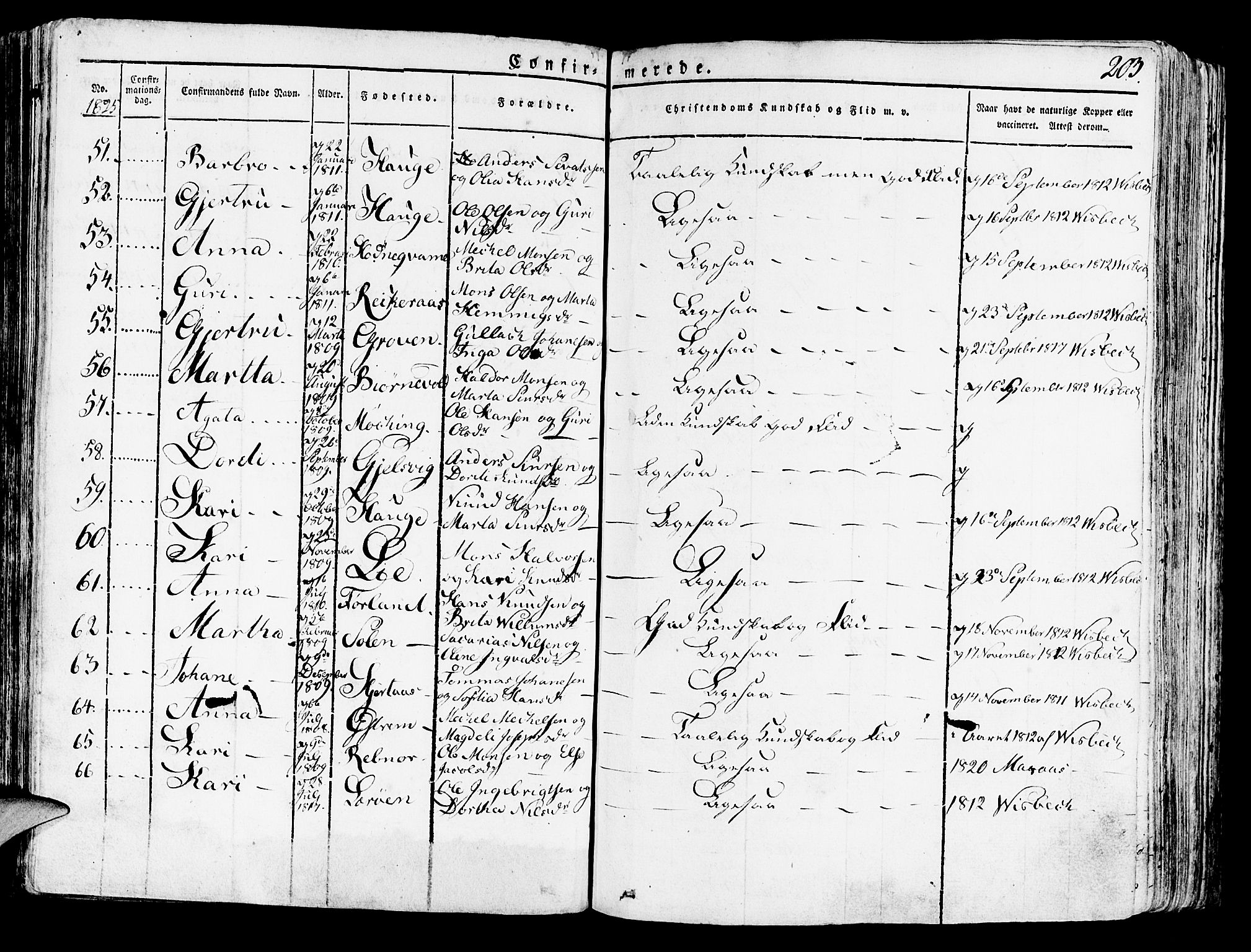 Lindås Sokneprestembete, AV/SAB-A-76701/H/Haa/Haaa/L0008: Parish register (official) no. A 8, 1823-1836, p. 203