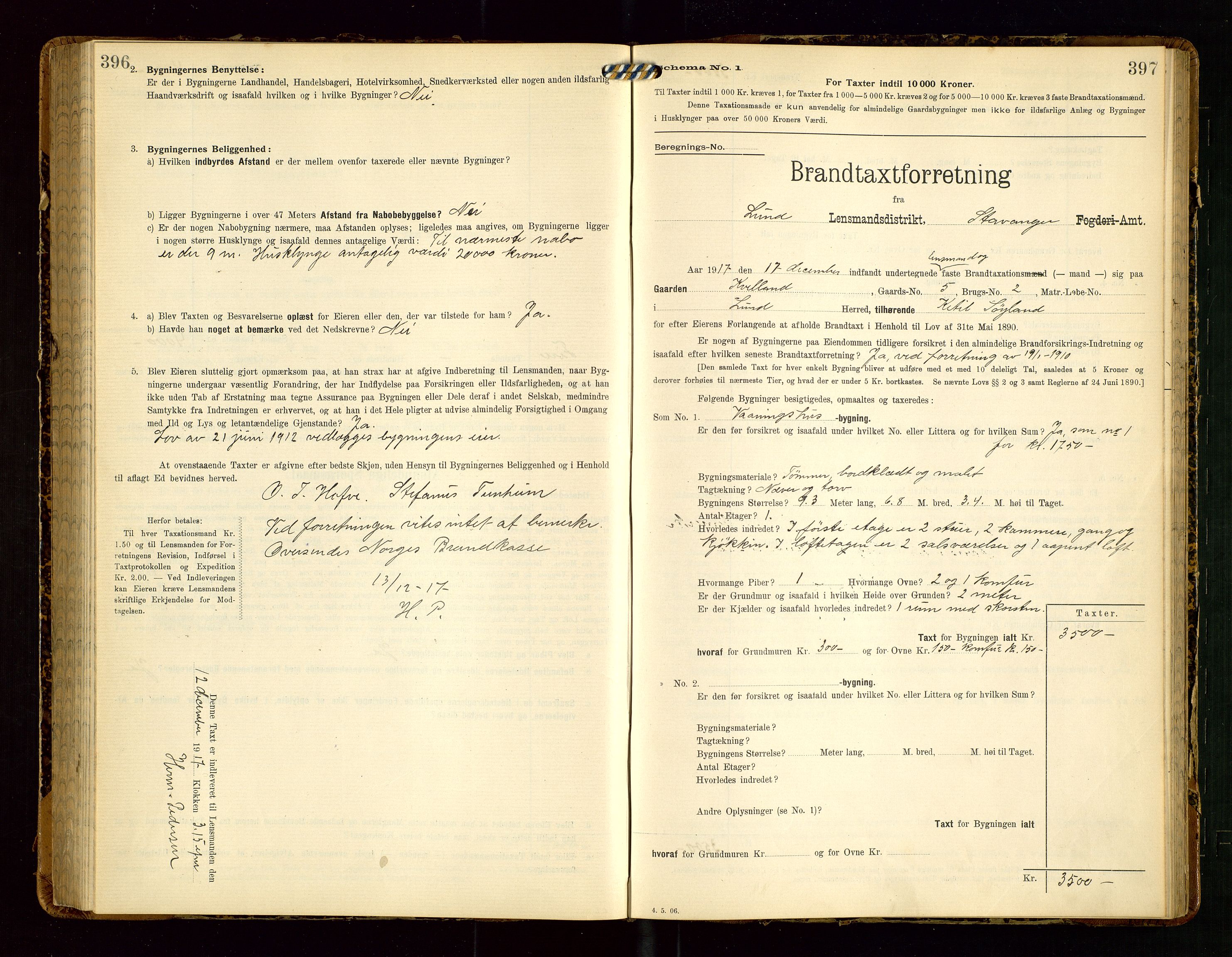 Lund lensmannskontor, SAST/A-100303/Gob/L0002: "Brandtakstprotokol", 1908-1918, p. 396-397