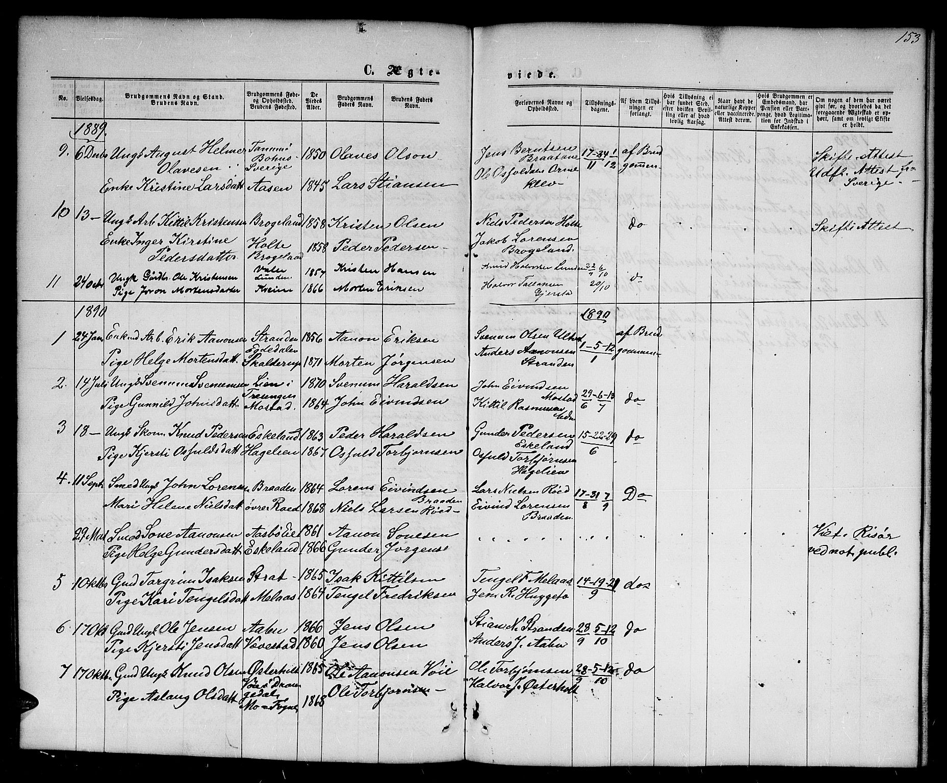 Gjerstad sokneprestkontor, AV/SAK-1111-0014/F/Fb/Fba/L0006: Parish register (copy) no. B 6, 1868-1890, p. 153