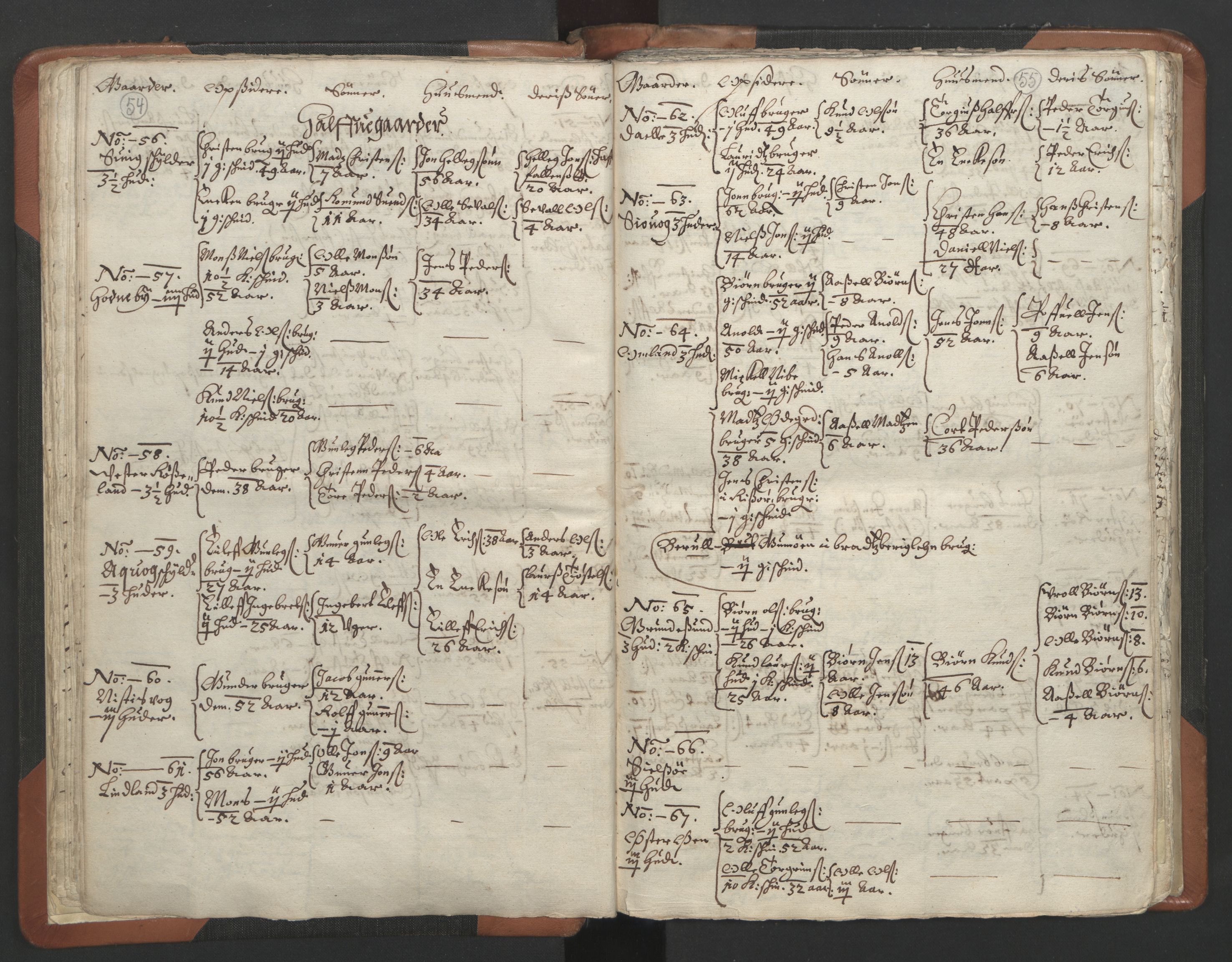 RA, Vicar's Census 1664-1666, no. 13: Nedenes deanery, 1664-1666, p. 54-55