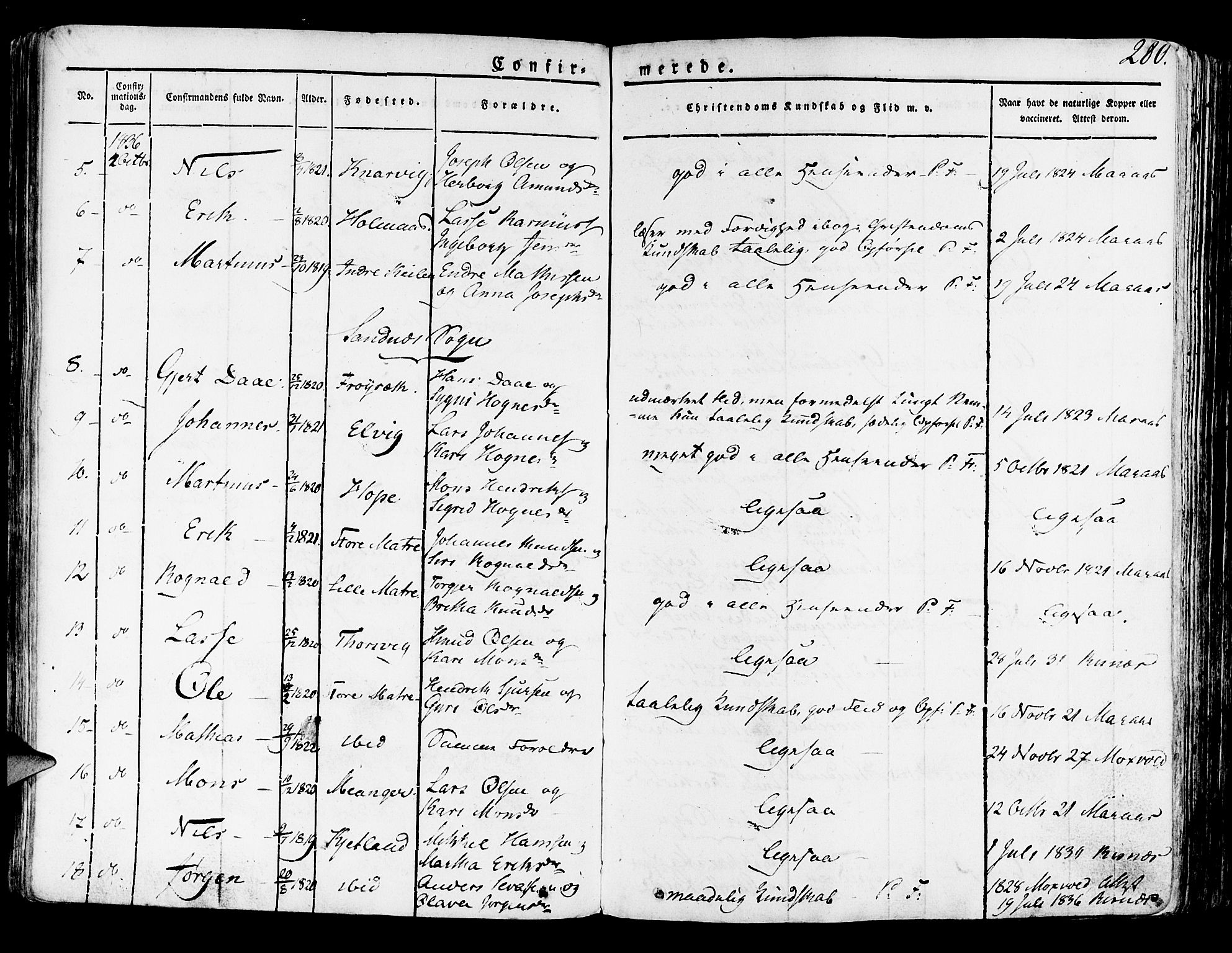 Lindås Sokneprestembete, SAB/A-76701/H/Haa: Parish register (official) no. A 8, 1823-1836, p. 280