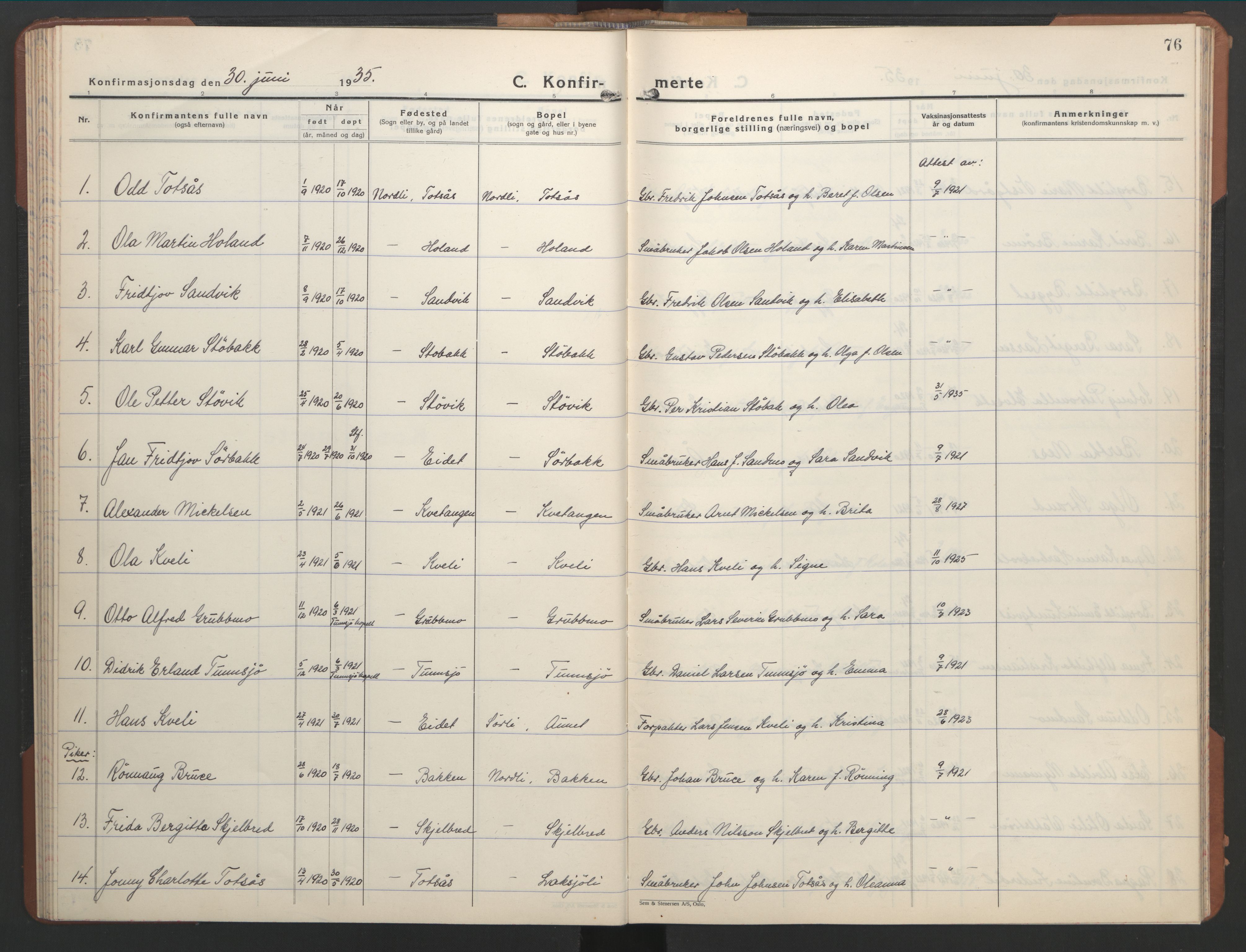 Ministerialprotokoller, klokkerbøker og fødselsregistre - Nord-Trøndelag, SAT/A-1458/755/L0500: Parish register (copy) no. 755C01, 1920-1962, p. 76