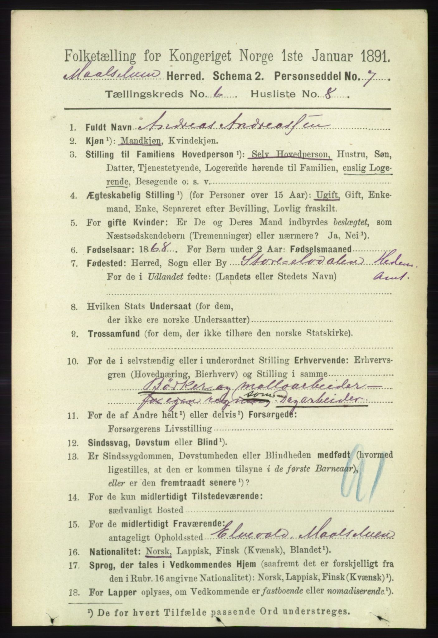 RA, 1891 census for 1924 Målselv, 1891, p. 2095