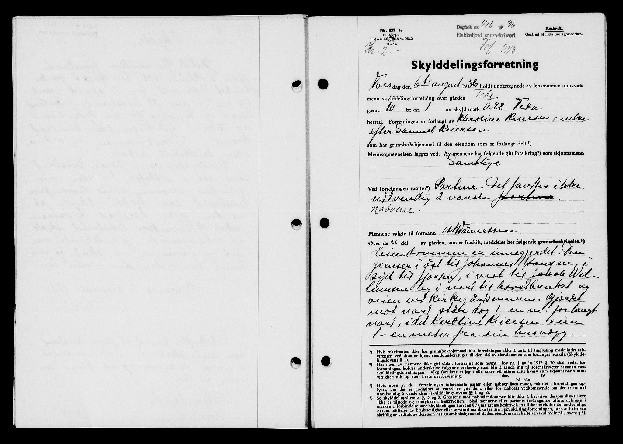 Flekkefjord sorenskriveri, SAK/1221-0001/G/Gb/Gba/L0053: Mortgage book no. A-1, 1936-1937, Diary no: : 416/1936