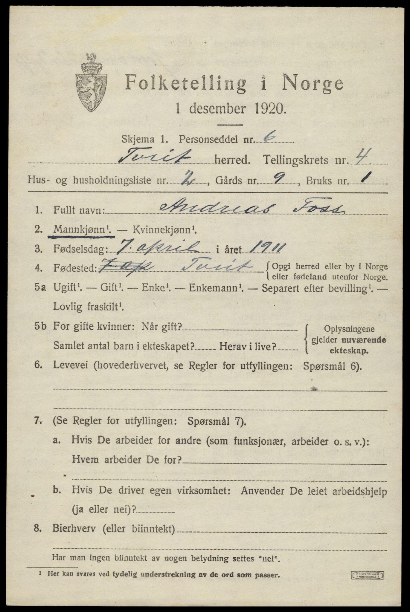 SAK, 1920 census for Tveit, 1920, p. 1994