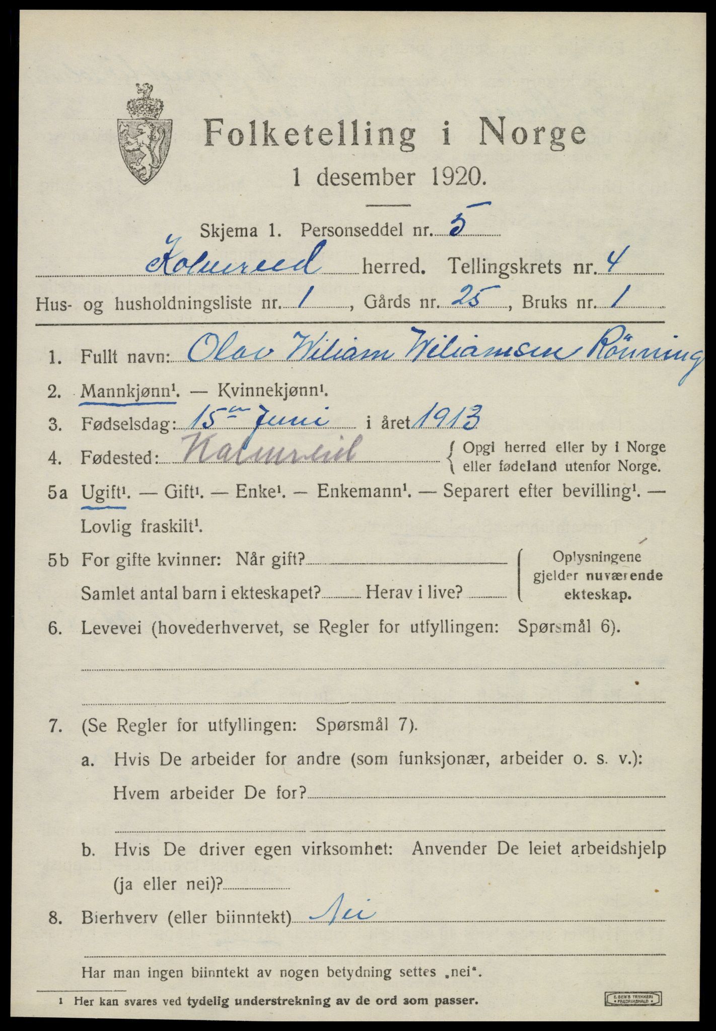 SAT, 1920 census for Kolvereid, 1920, p. 2461