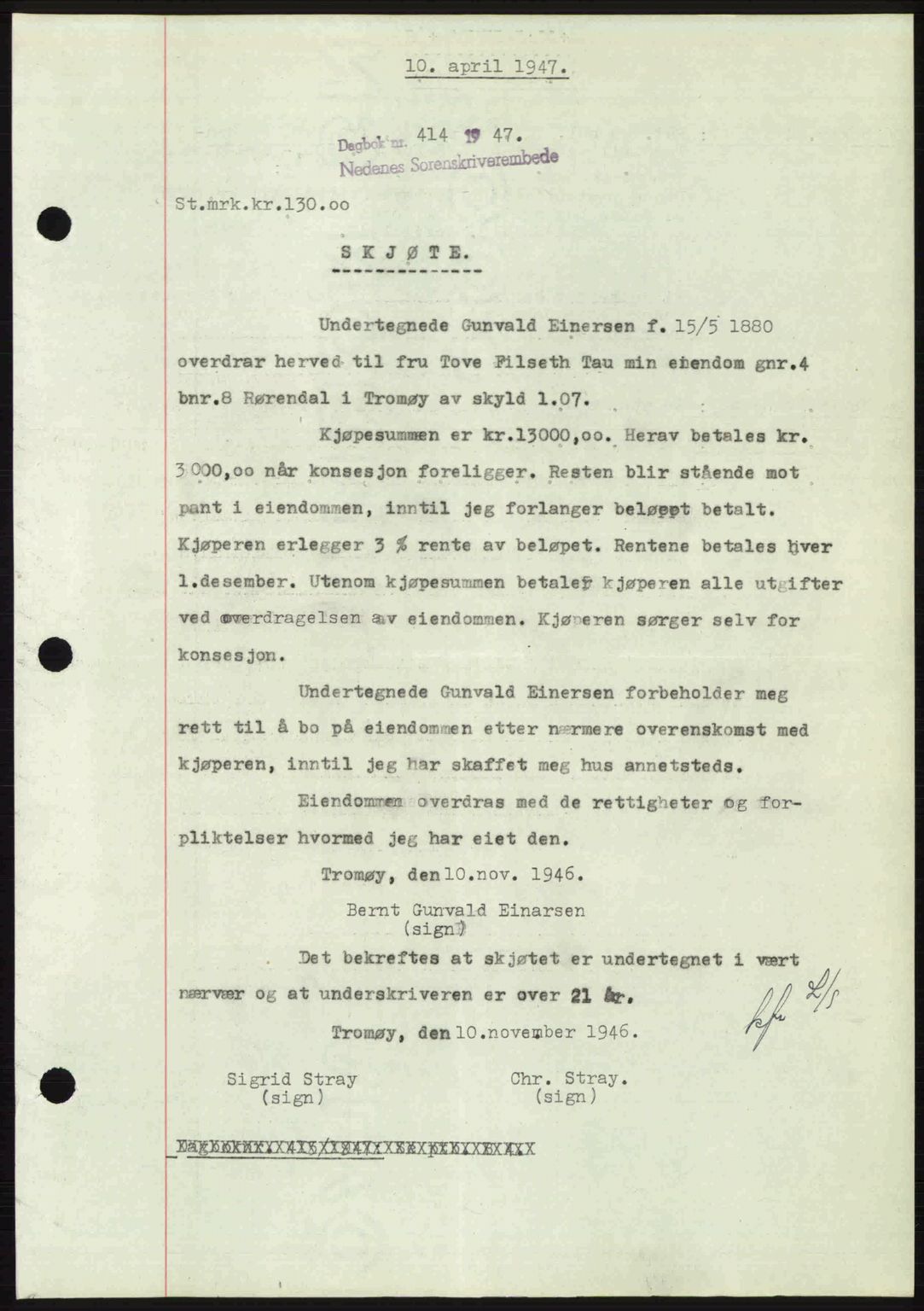 Nedenes sorenskriveri, AV/SAK-1221-0006/G/Gb/Gba/L0057: Mortgage book no. A9, 1947-1947, Diary no: : 414/1947