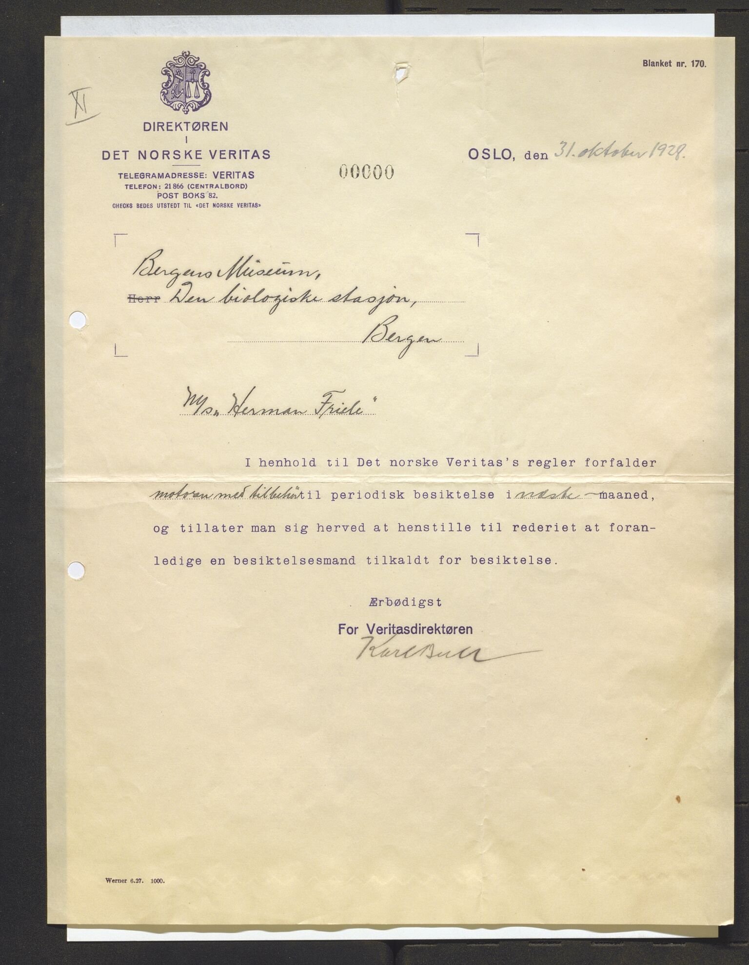 Bergens Museum, AV/SAB-A-17301/13/D/L0002: Korrespondanse , 1928-1940, p. 288