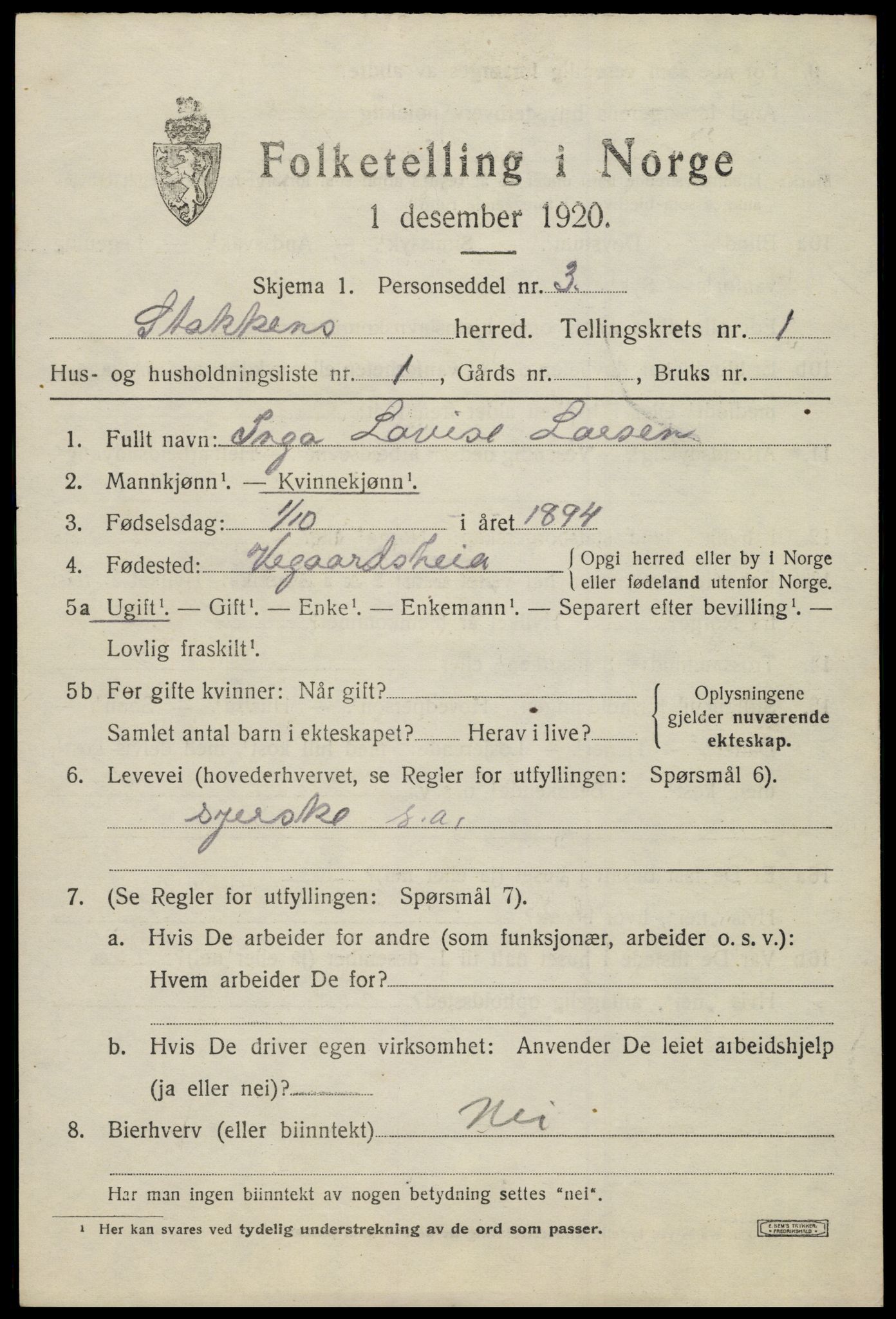 SAK, 1920 census for Stokken, 1920, p. 576