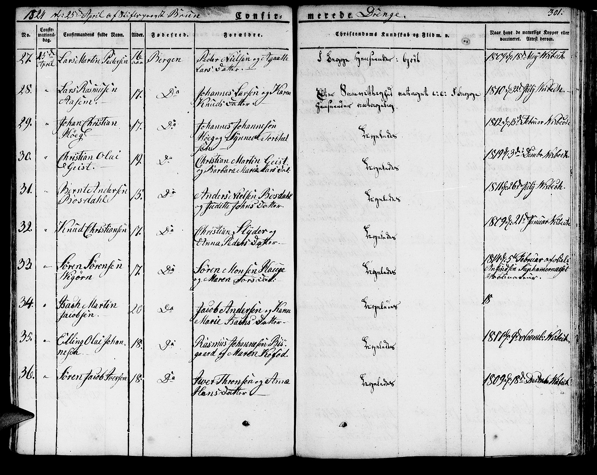 Domkirken sokneprestembete, SAB/A-74801/H/Haa/L0012: Parish register (official) no. A 12, 1821-1840, p. 301