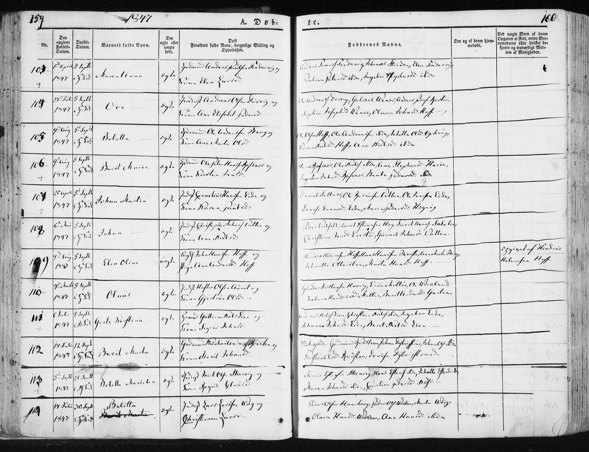 Ministerialprotokoller, klokkerbøker og fødselsregistre - Sør-Trøndelag, SAT/A-1456/659/L0736: Parish register (official) no. 659A06, 1842-1856, p. 159-160