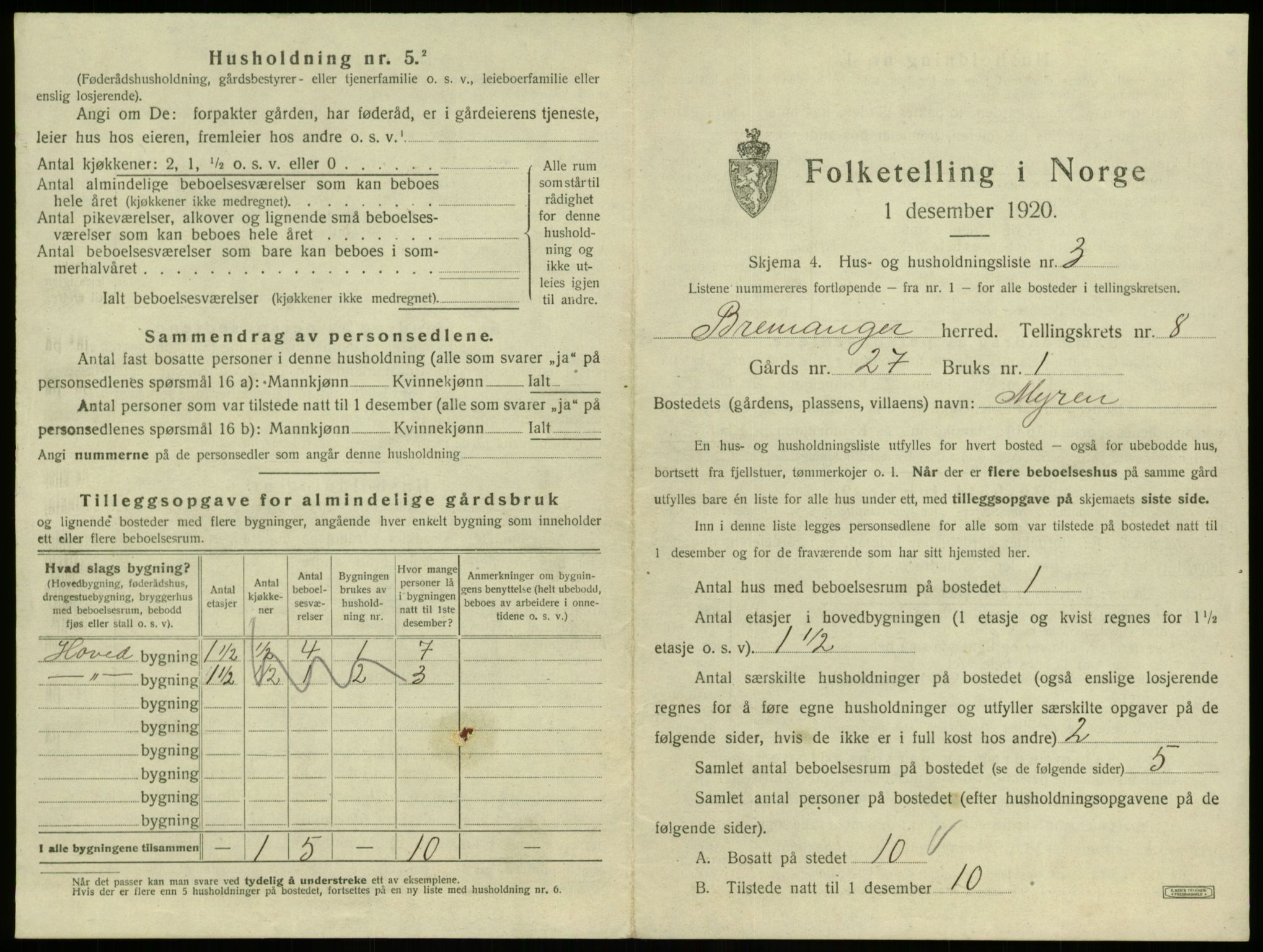 SAB, 1920 census for Bremanger, 1920, p. 626