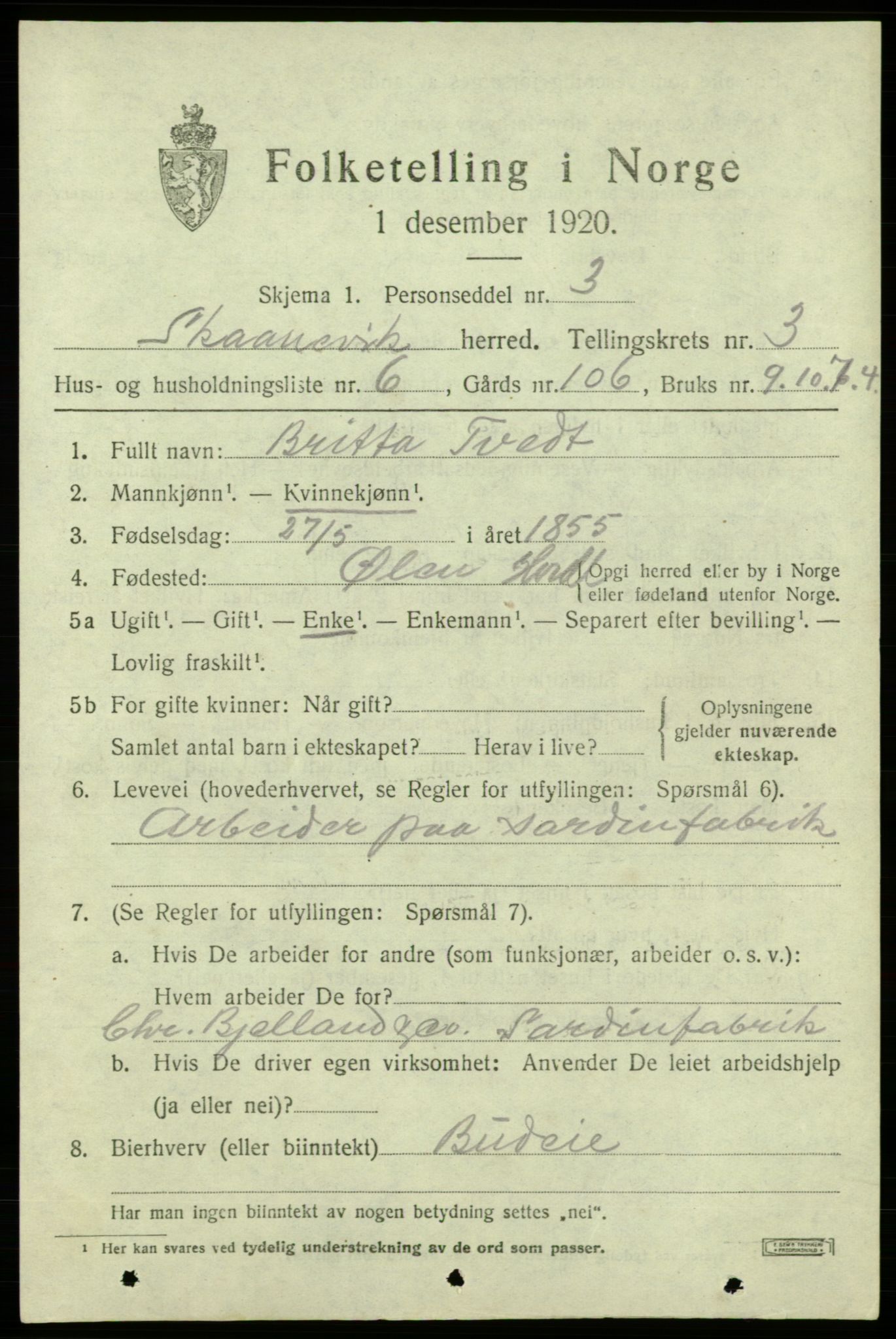 SAB, 1920 census for Skånevik, 1920, p. 2837