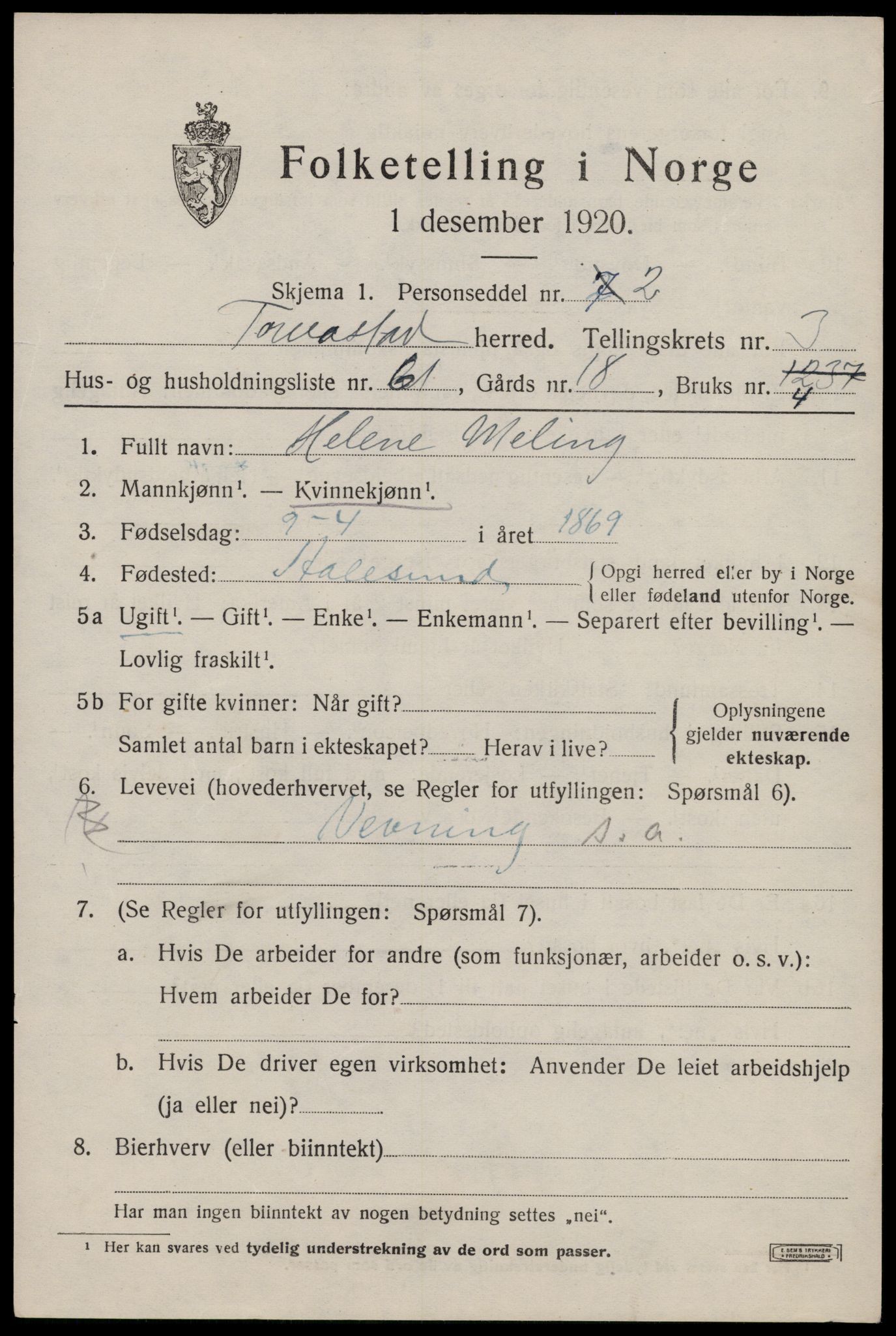 SAST, 1920 census for Torvastad, 1920, p. 3614