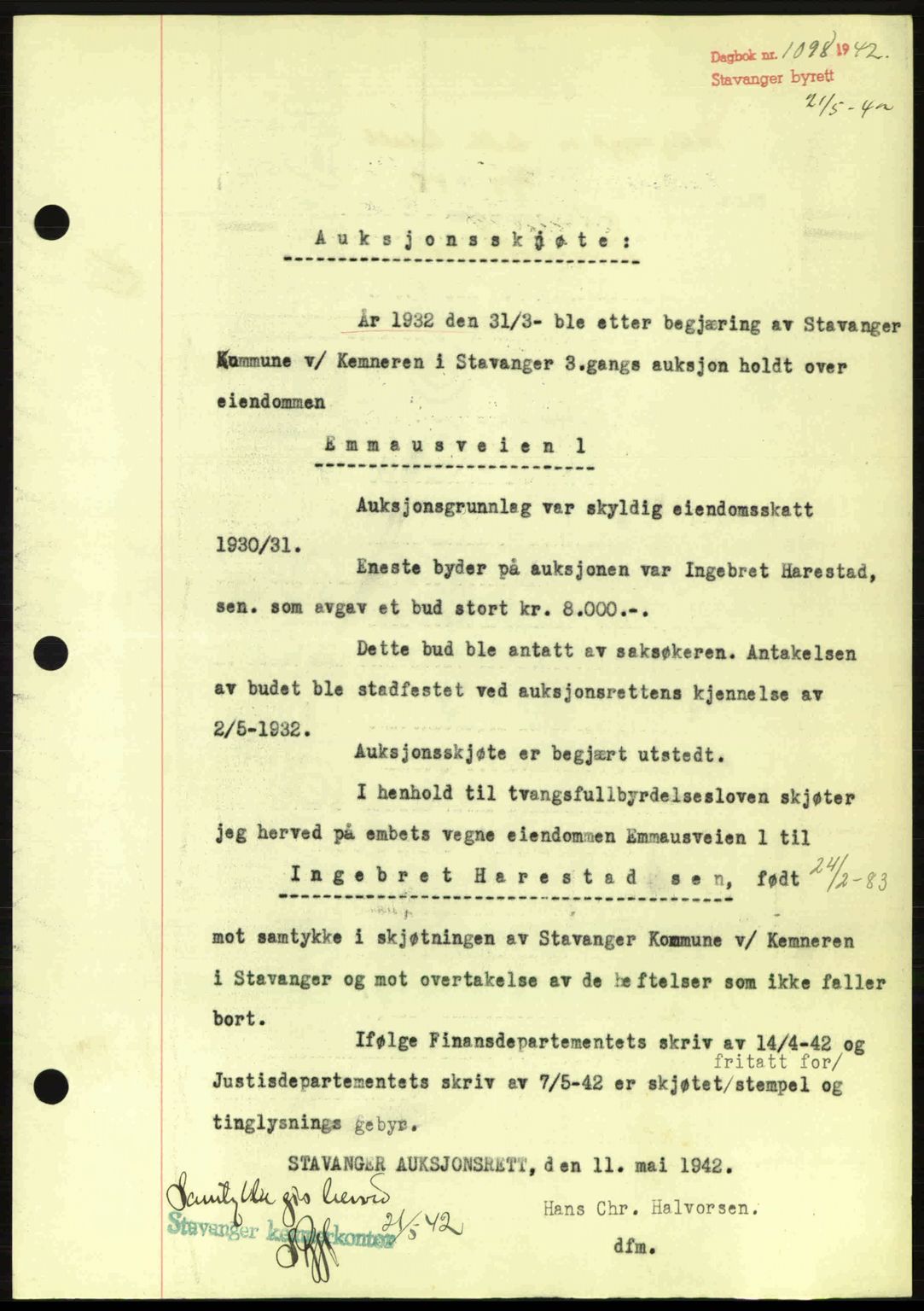 Stavanger byrett, SAST/A-100455/002/G/Gb/L0017: Mortgage book no. A7, 1941-1943, Diary no: : 1098/1942