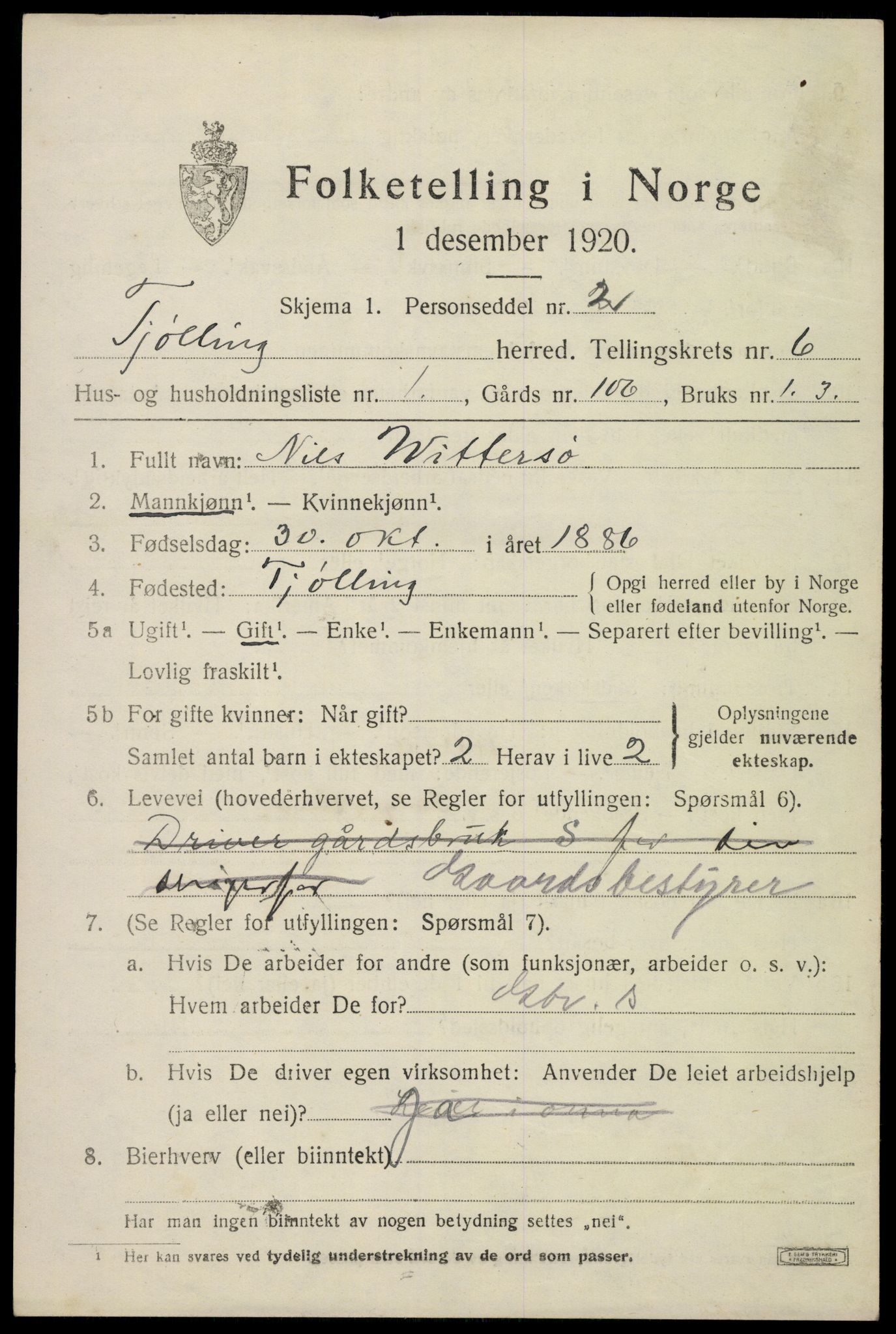 SAKO, 1920 census for Tjølling, 1920, p. 8999