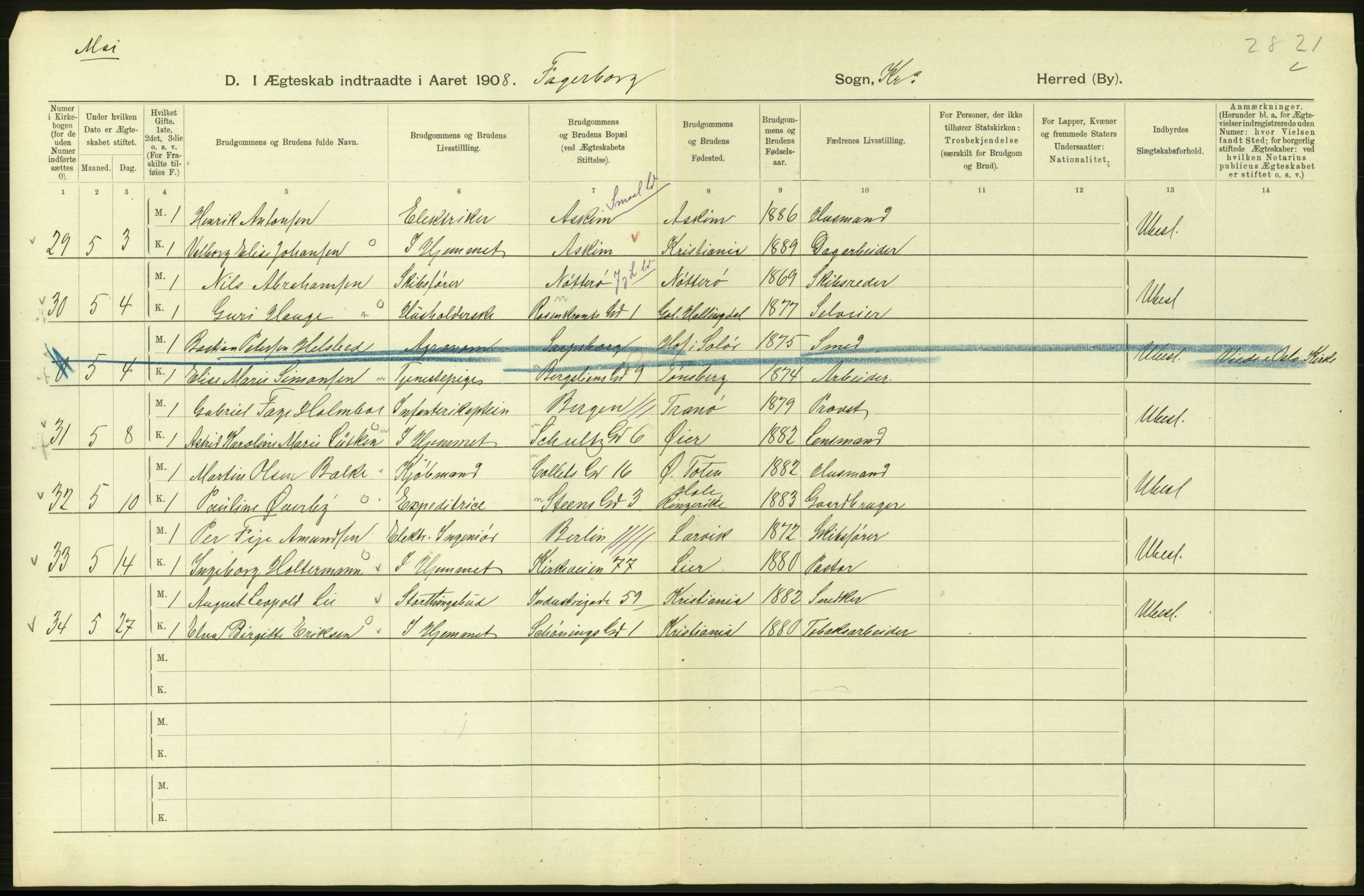 Statistisk sentralbyrå, Sosiodemografiske emner, Befolkning, AV/RA-S-2228/D/Df/Dfa/Dfaf/L0007: Kristiania: Gifte, 1908, p. 382