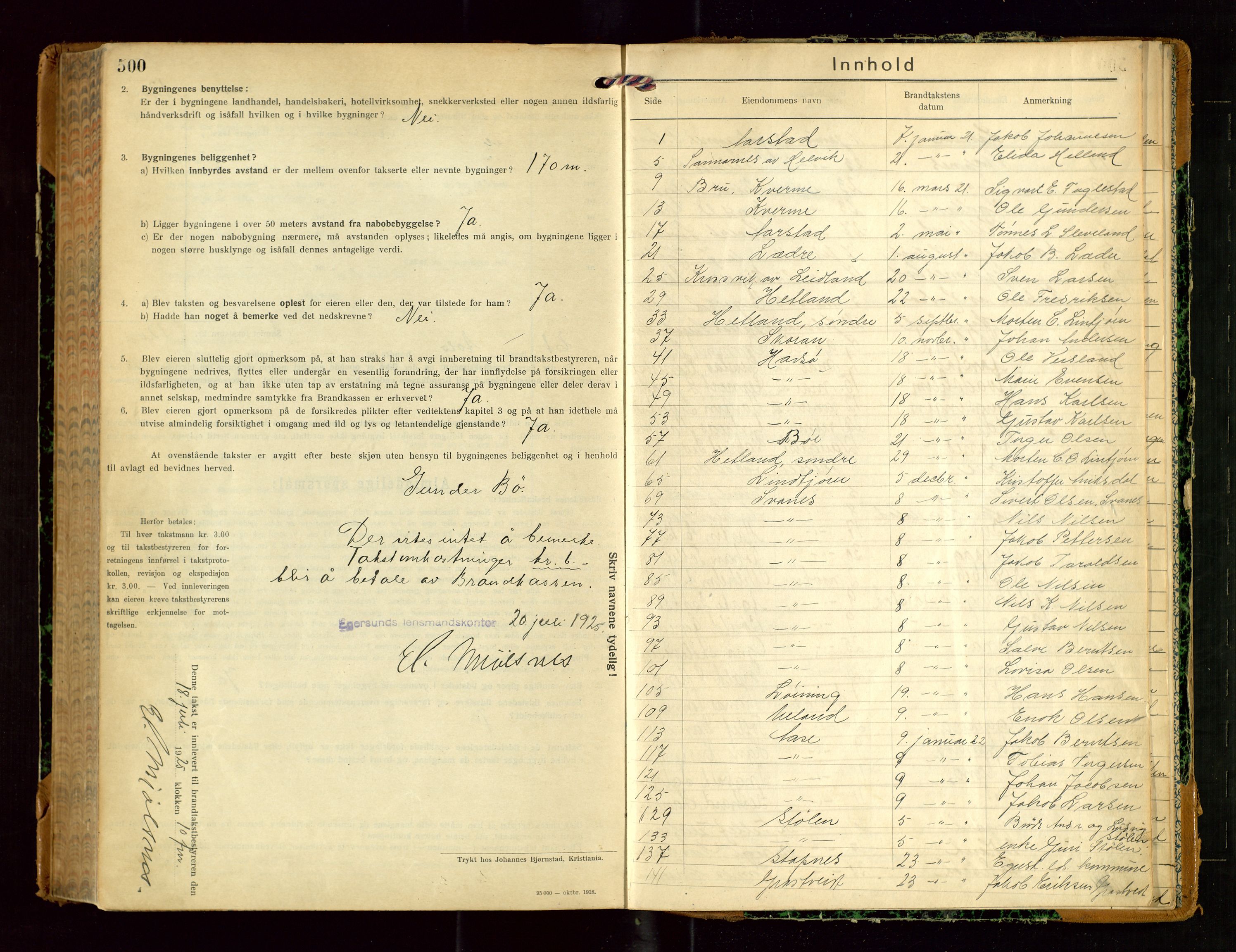 Eigersund lensmannskontor, AV/SAST-A-100171/Gob/L0004: "Branntakstprotokoll", 1921-1925, p. 500