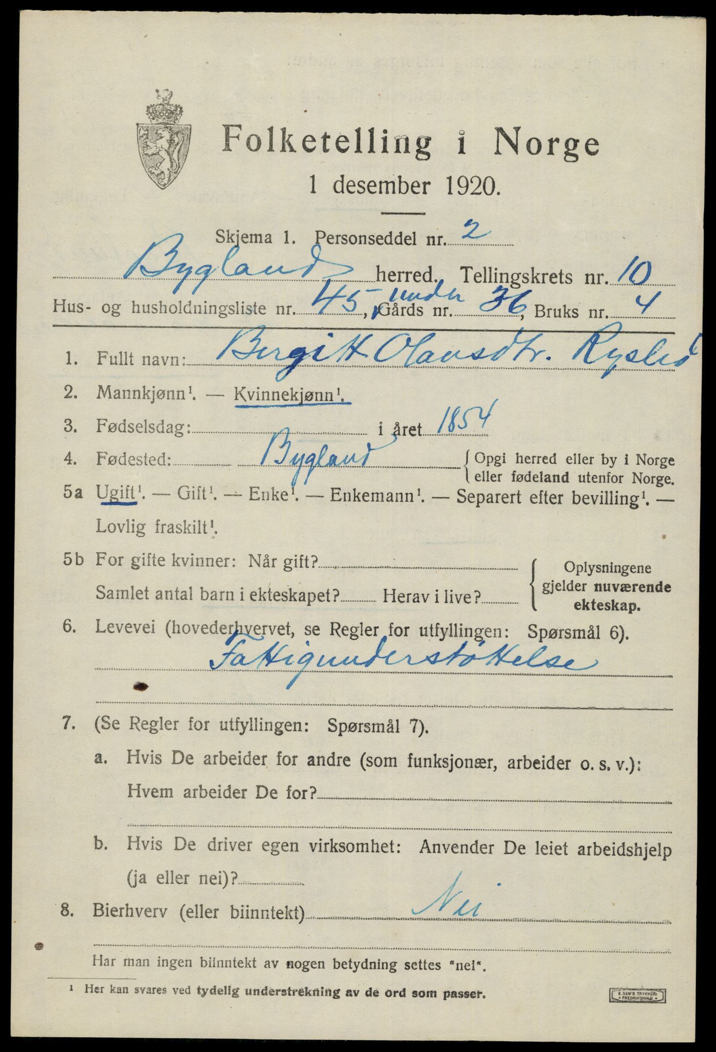 SAK, 1920 census for Bygland, 1920, p. 4123