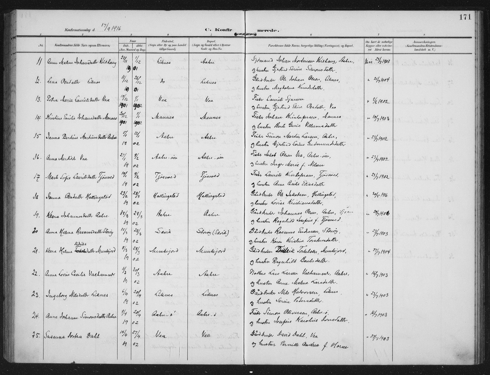 Kopervik sokneprestkontor, AV/SAST-A-101850/H/Ha/Haa/L0005: Parish register (official) no. A 5, 1906-1924, p. 171