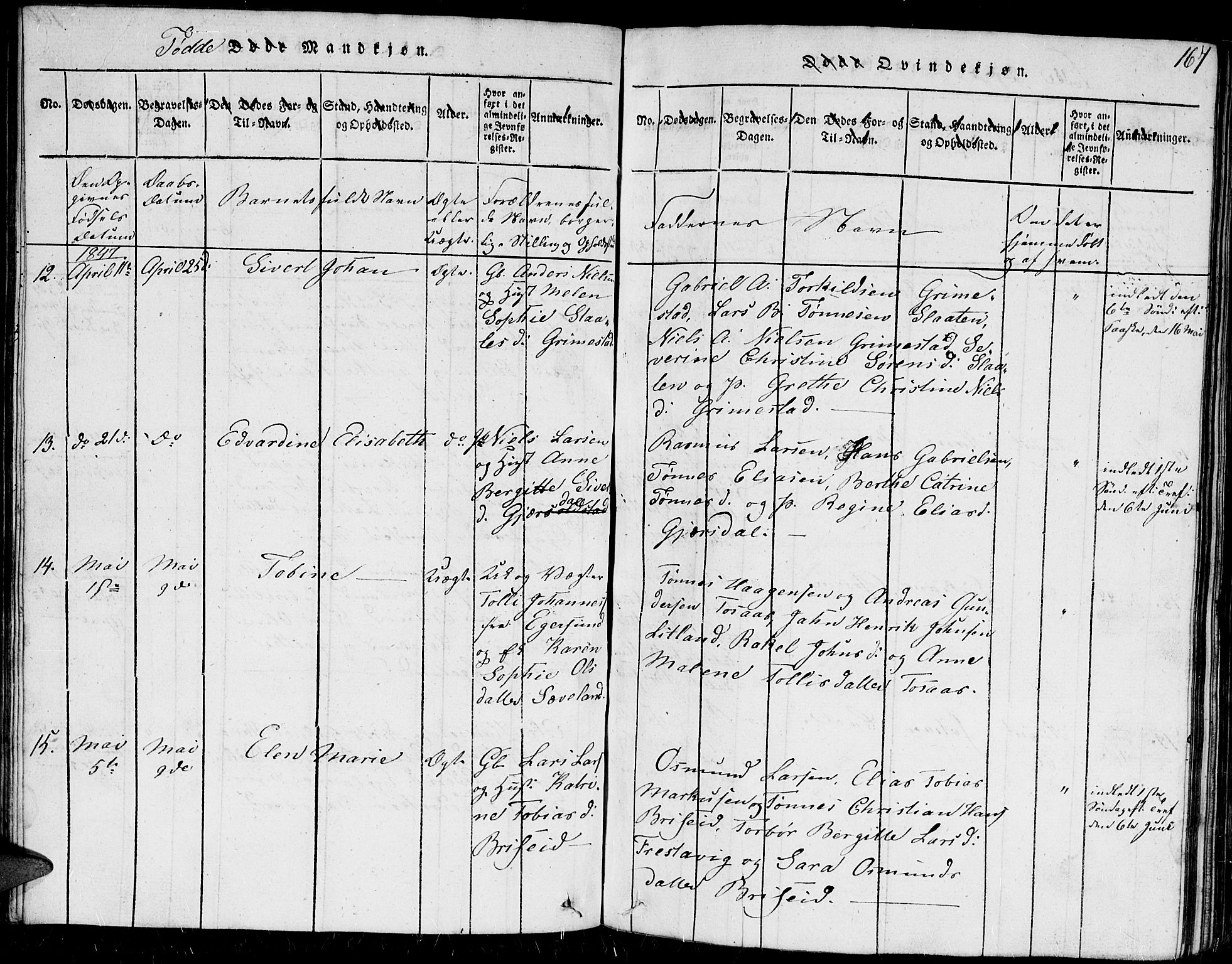 Herad sokneprestkontor, AV/SAK-1111-0018/F/Fb/Fba/L0001: Parish register (copy) no. B 1, 1815-1852, p. 167